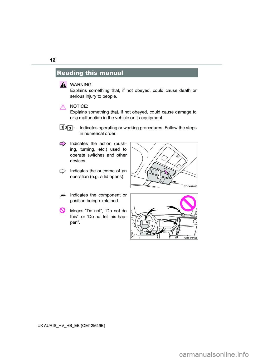 TOYOTA AURIS 2018 (in English) User Guide 12
UK AURIS_HV_HB_EE (OM12M49E)
WARNING:
Explains something that, if not obeyed, could cause death or
serious injury to people.
NOTICE:
Explains something that, if not obeyed, could cause dama TOYOTA AURIS 2018 (in English) User Guide 12
UK AURIS_HV_HB_EE (OM12M49E)
WARNING:
Explains something that, if not obeyed, could cause death or
serious injury to people.
NOTICE:
Explains something that, if not obeyed, could cause dama