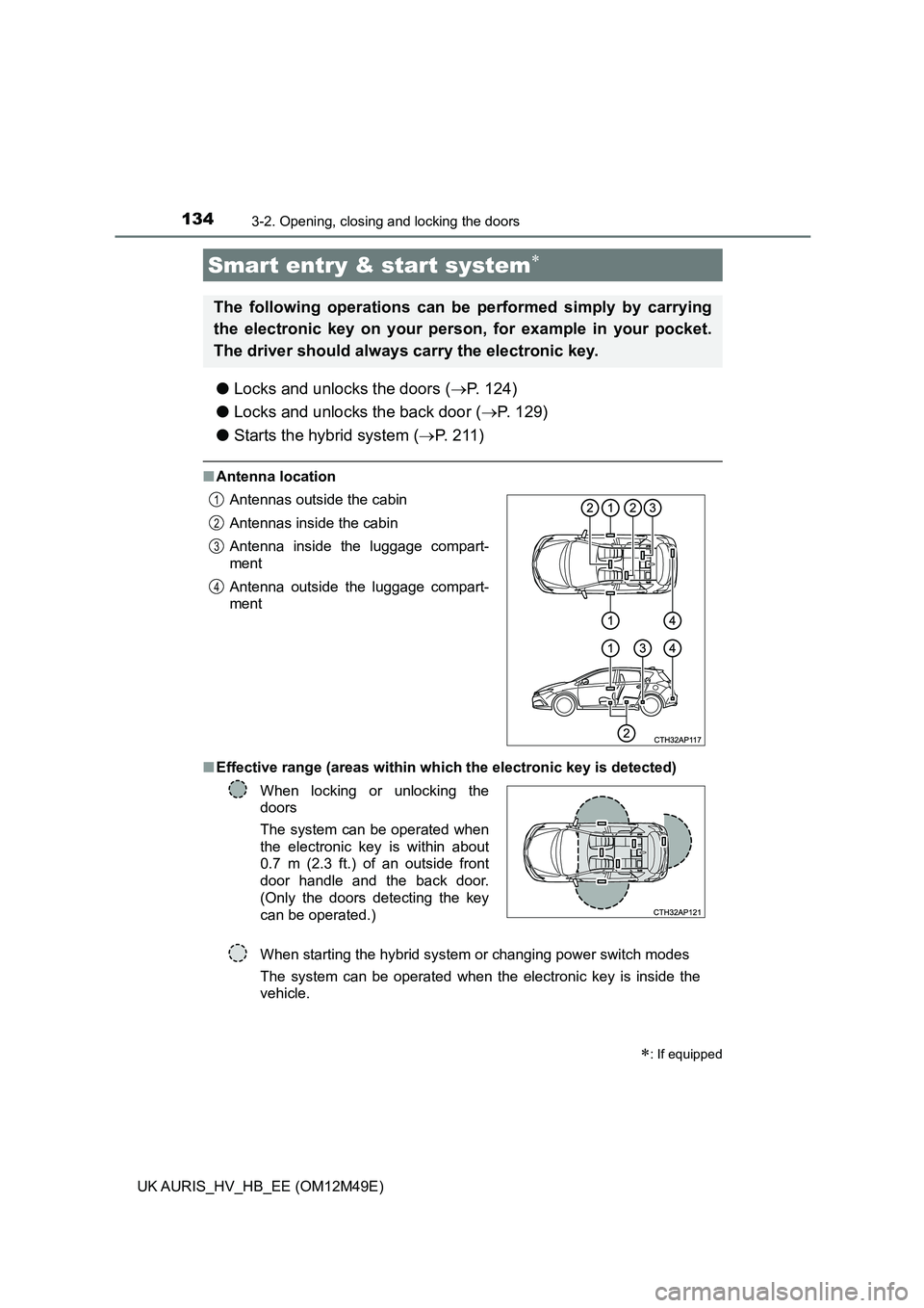 TOYOTA AURIS 2018 Owners Manual (in English) 1343-2. Opening, closing and locking the doors
UK AURIS_HV_HB_EE (OM12M49E)
●Locks and unlocks the doors (P. 124)
● Locks and unlocks the back door (P. 129)
● Starts the hybrid system ( TOYOTA AURIS 2018 Owners Manual (in English) 1343-2. Opening, closing and locking the doors
UK AURIS_HV_HB_EE (OM12M49E)
●Locks and unlocks the doors (P. 124)
● Locks and unlocks the back door (P. 129)
● Starts the hybrid system (