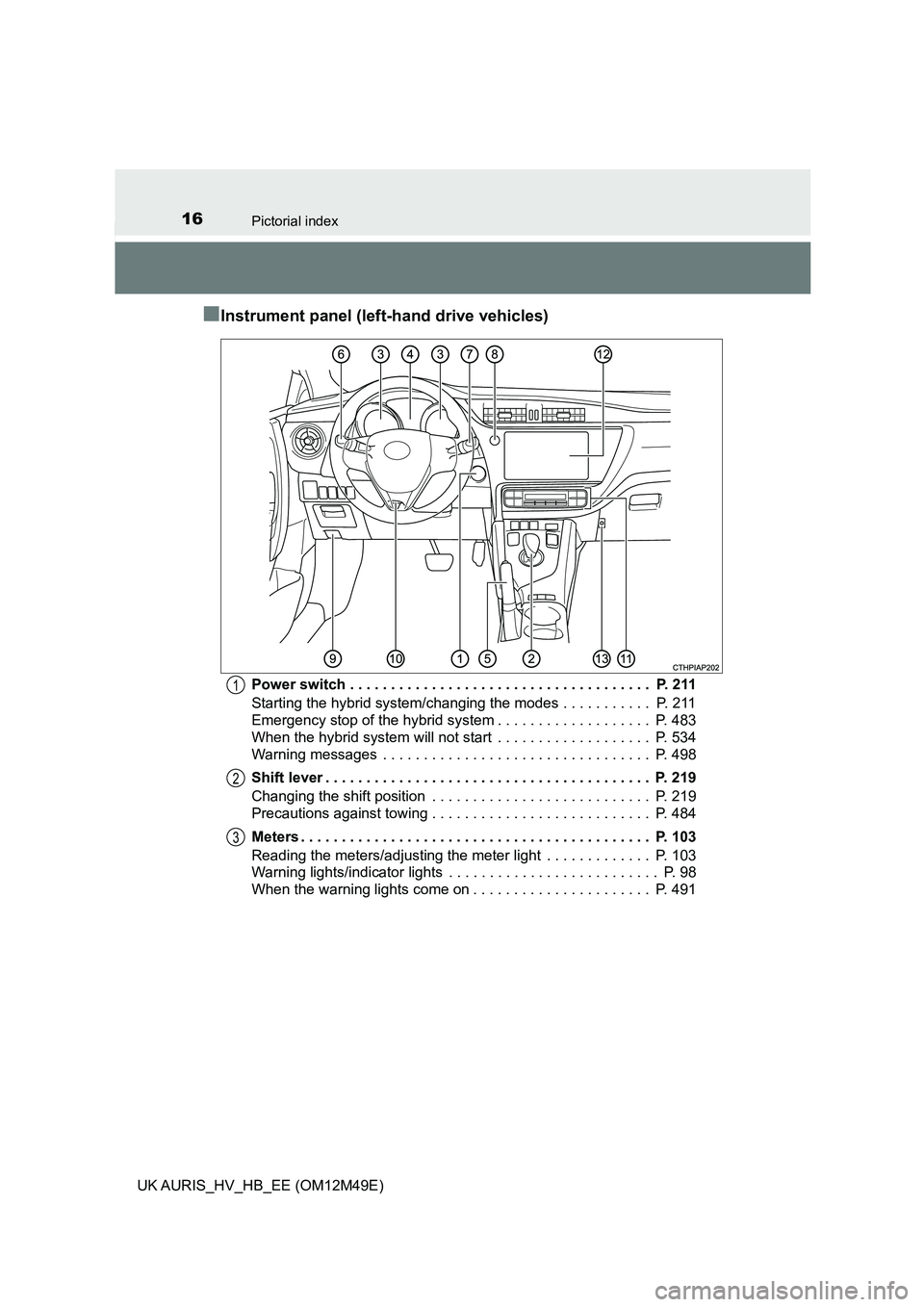 TOYOTA AURIS 2018 (in English) User Guide 16Pictorial index
UK AURIS_HV_HB_EE (OM12M49E)
■Instrument panel (left-hand drive vehicles)
Power switch . . . . . . . . . . . . . . . . . . . . . . . . . . . . . . . . . . . . . P. 211
Starting t TOYOTA AURIS 2018 (in English) User Guide 16Pictorial index
UK AURIS_HV_HB_EE (OM12M49E)
■Instrument panel (left-hand drive vehicles)
Power switch . . . . . . . . . . . . . . . . . . . . . . . . . . . . . . . . . . . . . P. 211
Starting t