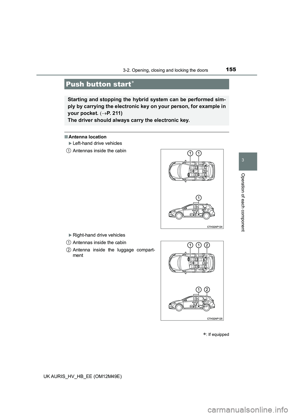 TOYOTA AURIS 2018 Owners Manual (in English) 1553-2. Opening, closing and locking the doors
UK AURIS_HV_HB_EE (OM12M49E)
3
Operation of each component
■Antenna location
Left-hand drive vehicles
Right-hand drive vehicles
Push button start TOYOTA AURIS 2018 Owners Manual (in English) 1553-2. Opening, closing and locking the doors
UK AURIS_HV_HB_EE (OM12M49E)
3
Operation of each component
■Antenna location
Left-hand drive vehicles
Right-hand drive vehicles
Push button start