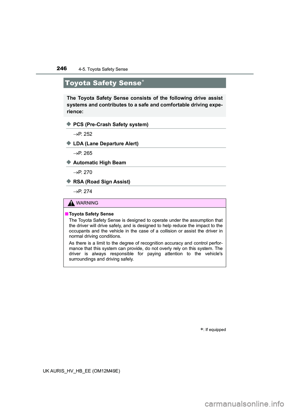 TOYOTA AURIS 2018 Owners Manual (in English) 246
UK AURIS_HV_HB_EE (OM12M49E)
4-5. Toyota Safety Sense
◆PCS (Pre-Crash Safety system)
P. 2 5 2
◆LDA (Lane Departure Alert)
P. 2 6 5
◆Automatic High Beam
P. 2 7 0
◆RSA (Roa TOYOTA AURIS 2018 Owners Manual (in English) 246
UK AURIS_HV_HB_EE (OM12M49E)
4-5. Toyota Safety Sense
◆PCS (Pre-Crash Safety system)
P. 2 5 2
◆LDA (Lane Departure Alert)
P. 2 6 5
◆Automatic High Beam
P. 2 7 0
◆RSA (Roa
