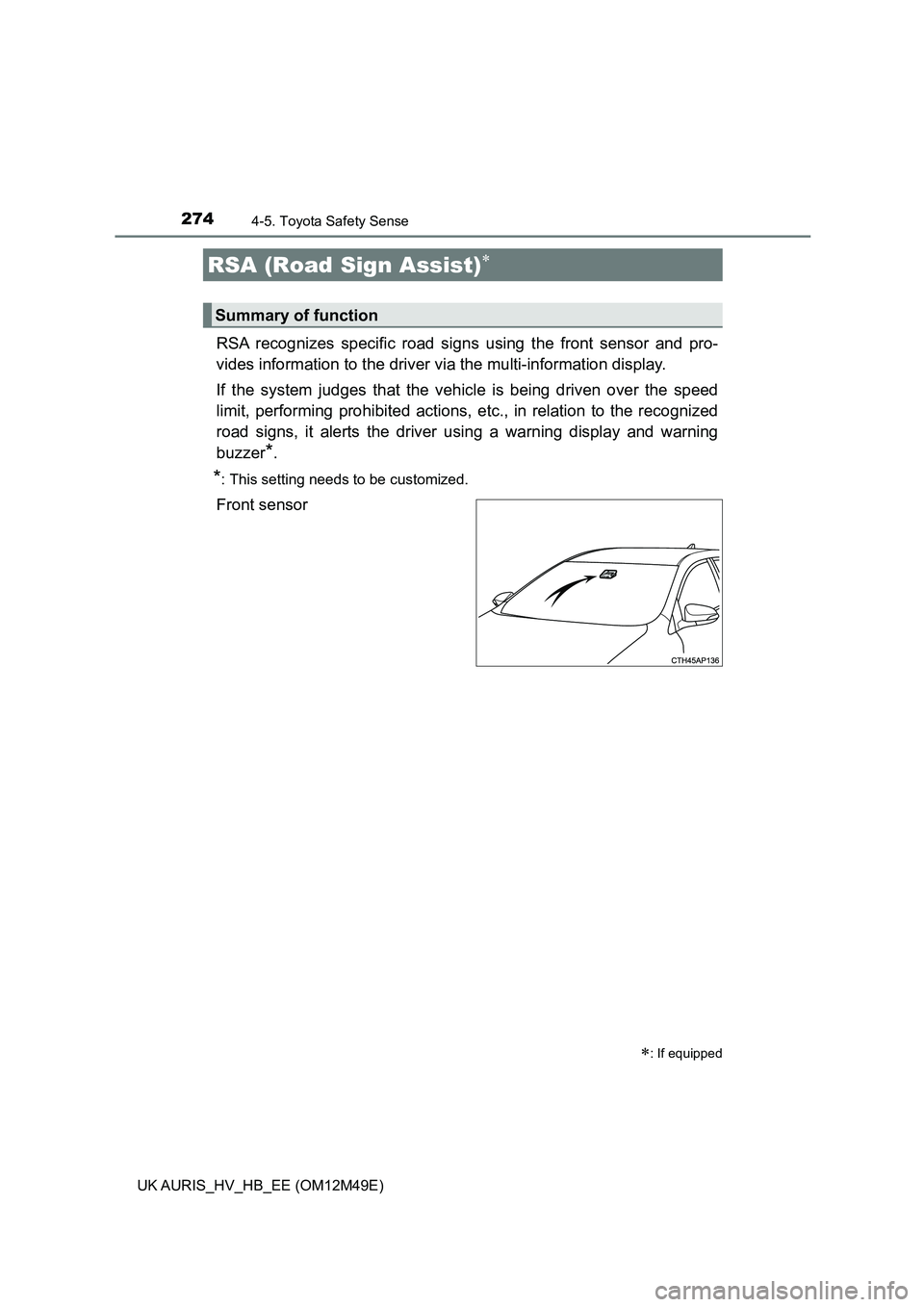 TOYOTA AURIS 2018 Owners Manual (in English) 2744-5. Toyota Safety Sense
UK AURIS_HV_HB_EE (OM12M49E)
RSA recognizes specific road signs using the front sensor and pro-
vides information to the driver via the multi-information display.
If the TOYOTA AURIS 2018 Owners Manual (in English) 2744-5. Toyota Safety Sense
UK AURIS_HV_HB_EE (OM12M49E)
RSA recognizes specific road signs using the front sensor and pro-
vides information to the driver via the multi-information display.
If the
