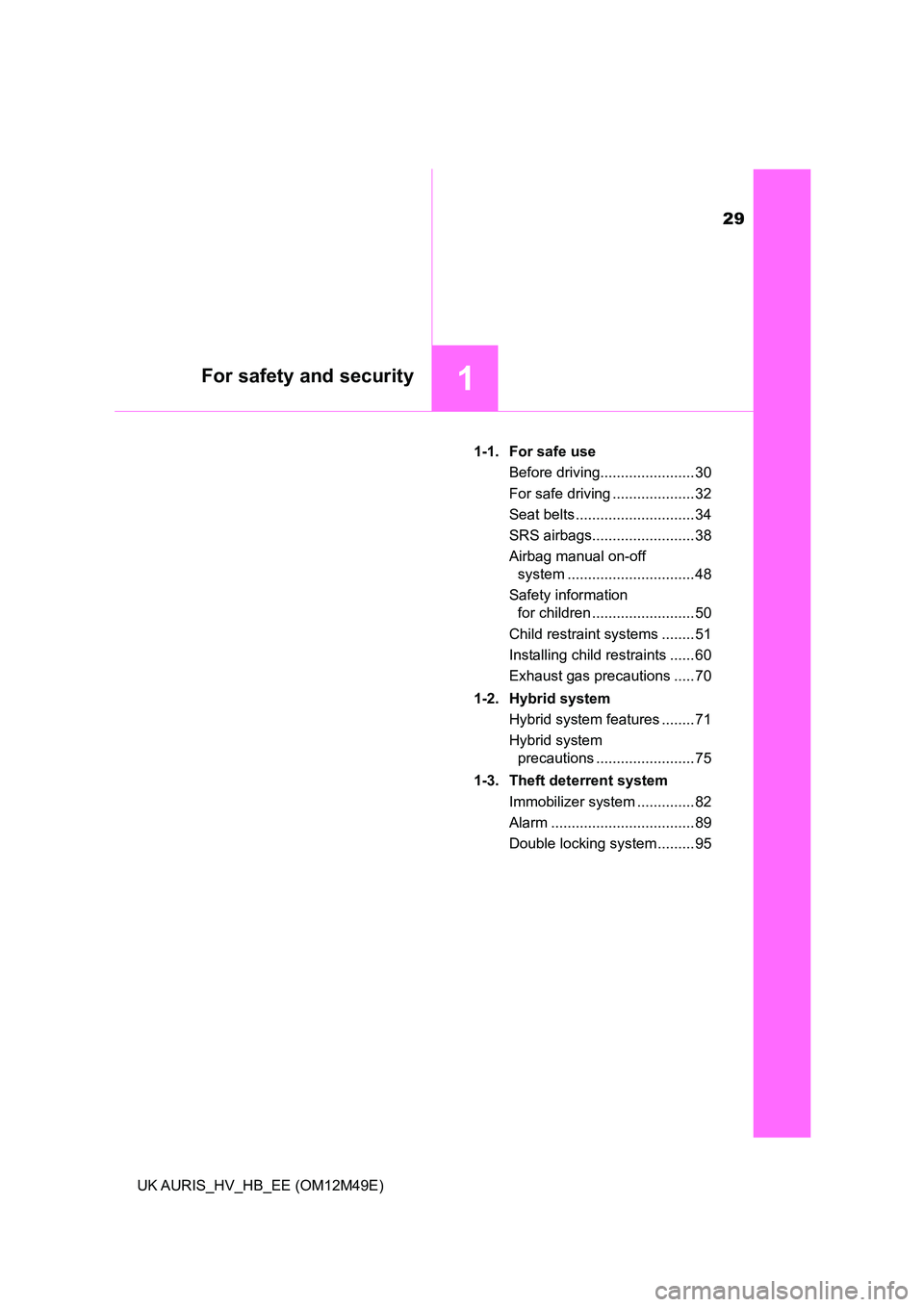 TOYOTA AURIS 2018 (in English) Owners Manual 29
1For safety and security
UK AURIS_HV_HB_EE (OM12M49E)
1-1. For safe use
Before driving....................... 30
For safe driving .................... 32
Seat belts ............................. TOYOTA AURIS 2018 (in English) Owners Manual 29
1For safety and security
UK AURIS_HV_HB_EE (OM12M49E)
1-1. For safe use
Before driving....................... 30
For safe driving .................... 32
Seat belts .............................
