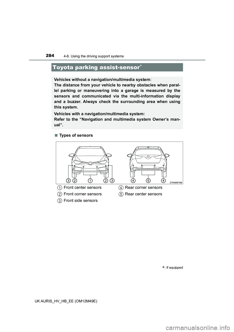 TOYOTA AURIS 2018 (in English) Service Manual 2844-6. Using the driving support systems
UK AURIS_HV_HB_EE (OM12M49E)
■Types of sensors
Toyota parking assist-sensor
: If equipped
Vehicles without a navigation/multimedia system:
The dis TOYOTA AURIS 2018 (in English) Service Manual 2844-6. Using the driving support systems
UK AURIS_HV_HB_EE (OM12M49E)
■Types of sensors
Toyota parking assist-sensor
: If equipped
Vehicles without a navigation/multimedia system:
The dis