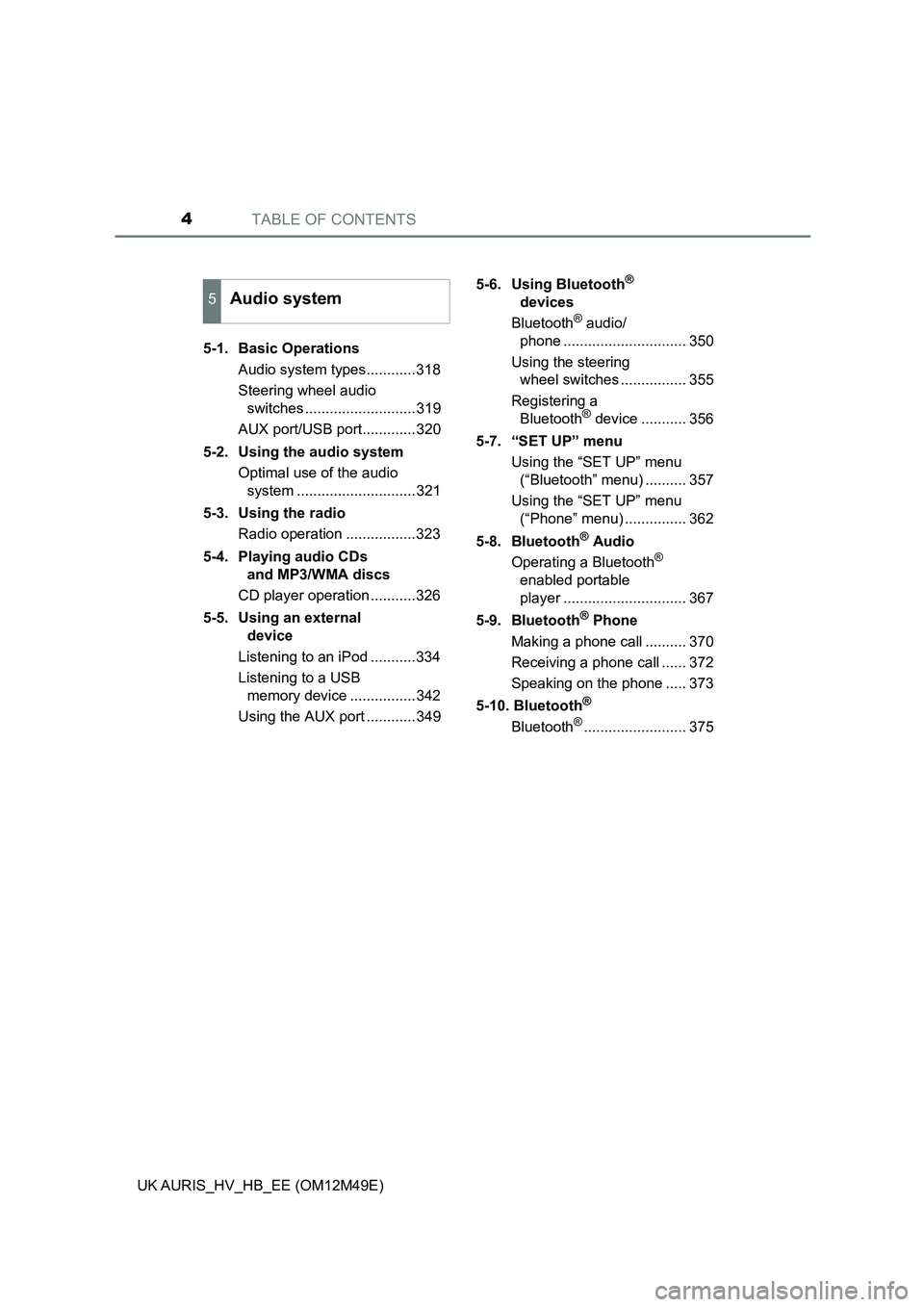 TOYOTA AURIS 2018 Owners Manual (in English) TABLE OF CONTENTS4
UK AURIS_HV_HB_EE (OM12M49E)
5-1. Basic Operations
Audio system types............318
Steering wheel audio
switches ...........................319
AUX port/USB port............. TOYOTA AURIS 2018 Owners Manual (in English) TABLE OF CONTENTS4
UK AURIS_HV_HB_EE (OM12M49E)
5-1. Basic Operations
Audio system types............318
Steering wheel audio
switches ...........................319
AUX port/USB port.............