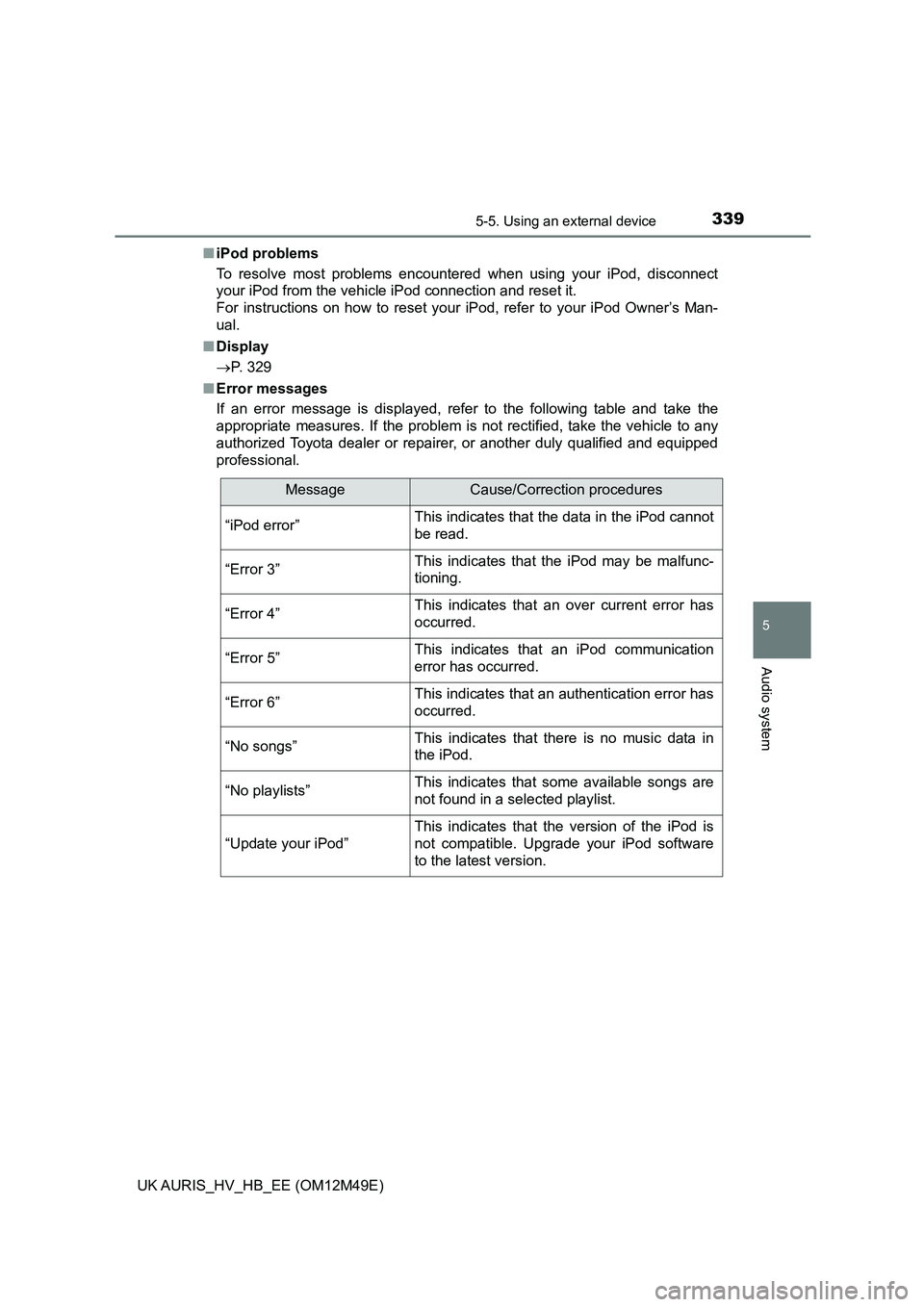 TOYOTA AURIS 2018 Owners Manual (in English) 3395-5. Using an external device
UK AURIS_HV_HB_EE (OM12M49E)
5
Audio system
■iPod problems
To resolve most problems encountered when using your iPod, disconnect
your iPod from the vehicle iPod co TOYOTA AURIS 2018 Owners Manual (in English) 3395-5. Using an external device
UK AURIS_HV_HB_EE (OM12M49E)
5
Audio system
■iPod problems
To resolve most problems encountered when using your iPod, disconnect
your iPod from the vehicle iPod co