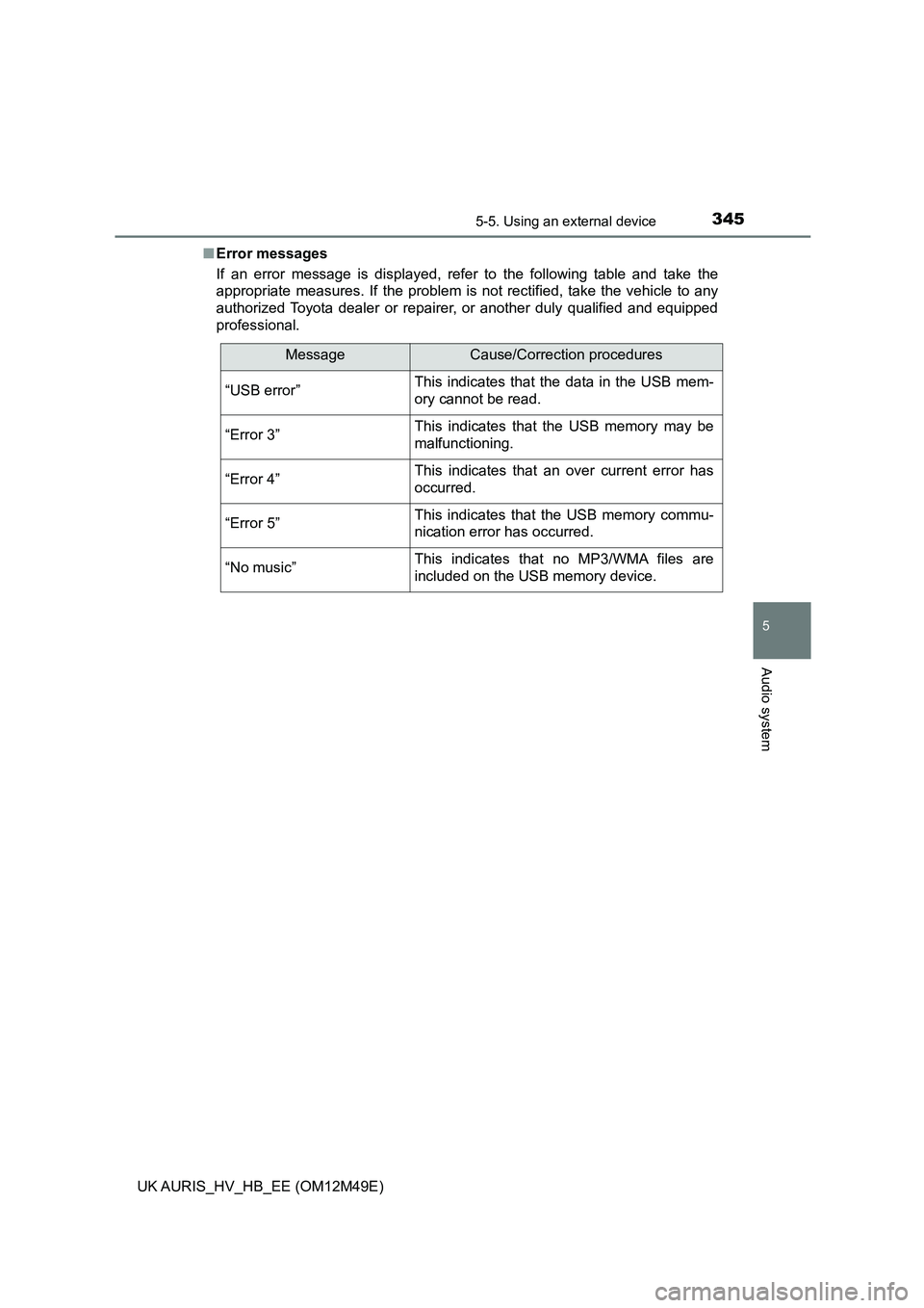 TOYOTA AURIS 2018 Owners Manual (in English) 3455-5. Using an external device
UK AURIS_HV_HB_EE (OM12M49E)
5
Audio system
■Error messages
If an error message is displayed, refer to the following table and take the
appropriate measures. If th TOYOTA AURIS 2018 Owners Manual (in English) 3455-5. Using an external device
UK AURIS_HV_HB_EE (OM12M49E)
5
Audio system
■Error messages
If an error message is displayed, refer to the following table and take the
appropriate measures. If th
