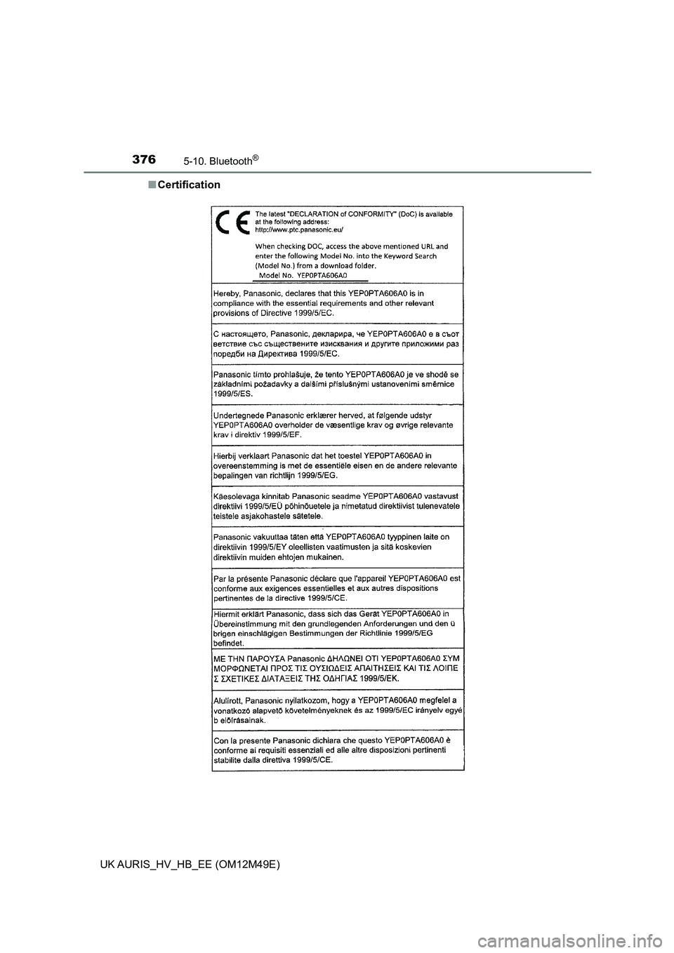 TOYOTA AURIS 2018  Owners Manual (in English) 3765-10. Bluetooth®
UK AURIS_HV_HB_EE (OM12M49E) 
■ Certification 