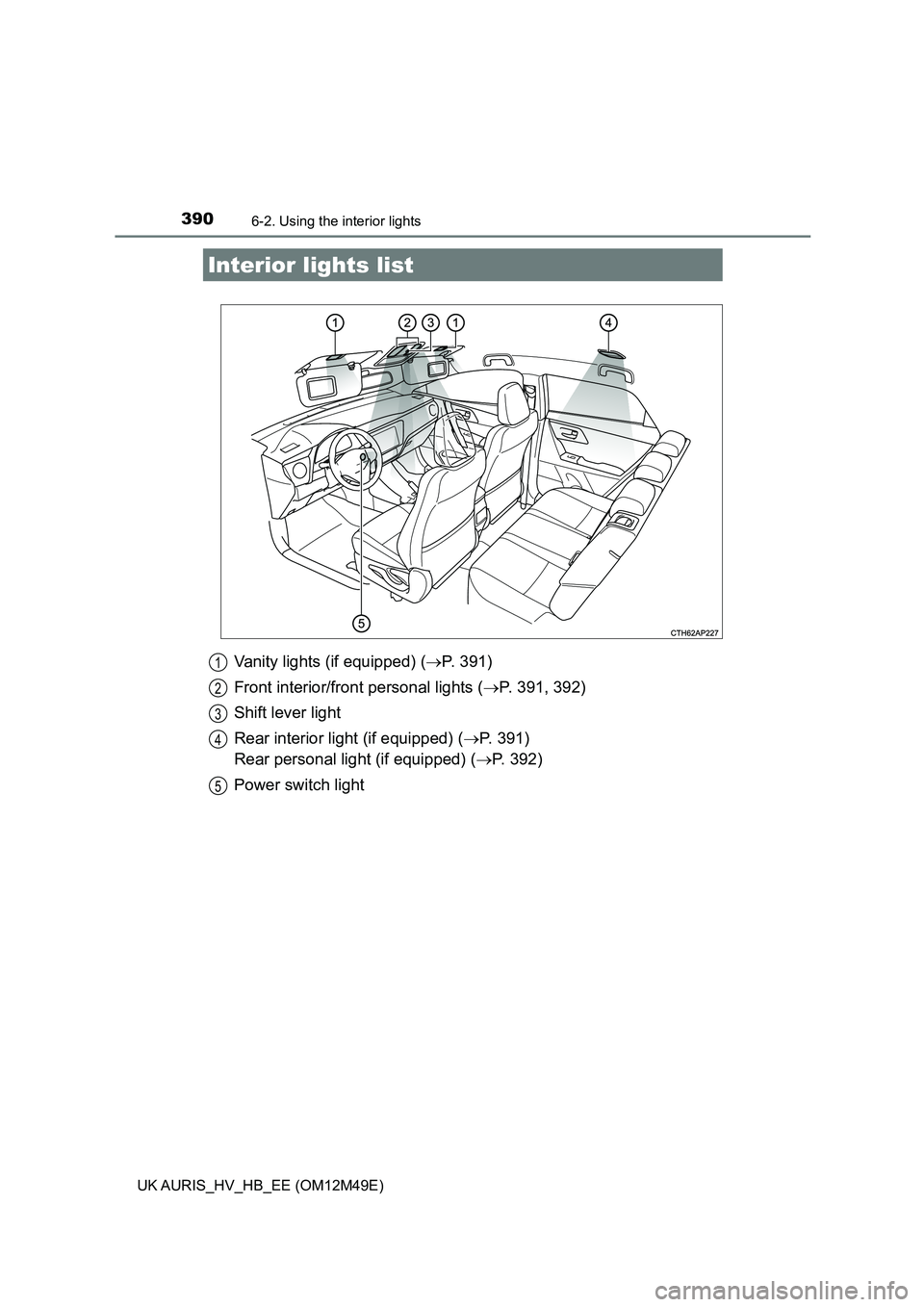 TOYOTA AURIS 2018 Owners Manual (in English) 390
UK AURIS_HV_HB_EE (OM12M49E)
6-2. Using the interior lights
Vanity lights (if equipped) (P. 391)
Front interior/front personal lights ( P. 391, 392)
Shift lever light
Rear interior light ( TOYOTA AURIS 2018 Owners Manual (in English) 390
UK AURIS_HV_HB_EE (OM12M49E)
6-2. Using the interior lights
Vanity lights (if equipped) (P. 391)
Front interior/front personal lights ( P. 391, 392)
Shift lever light
Rear interior light (