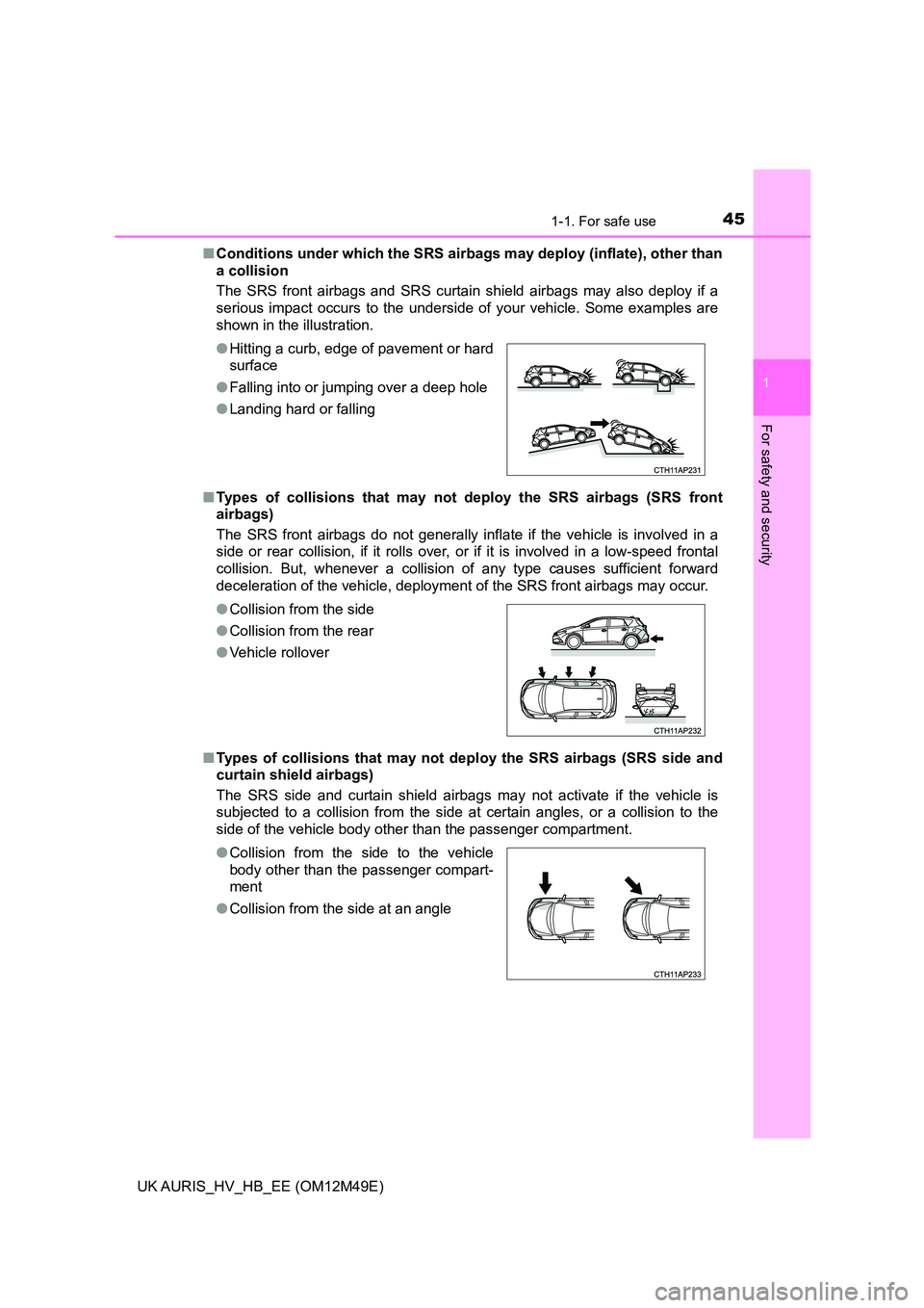TOYOTA AURIS 2018 (in English) Service Manual 451-1. For safe use
1
For safety and security
UK AURIS_HV_HB_EE (OM12M49E)
■ Conditions under which the SRS airbags may deploy (inflate), other than
a collision
The SRS front airbags and SRS cur TOYOTA AURIS 2018 (in English) Service Manual 451-1. For safe use
1
For safety and security
UK AURIS_HV_HB_EE (OM12M49E)
■ Conditions under which the SRS airbags may deploy (inflate), other than
a collision
The SRS front airbags and SRS cur