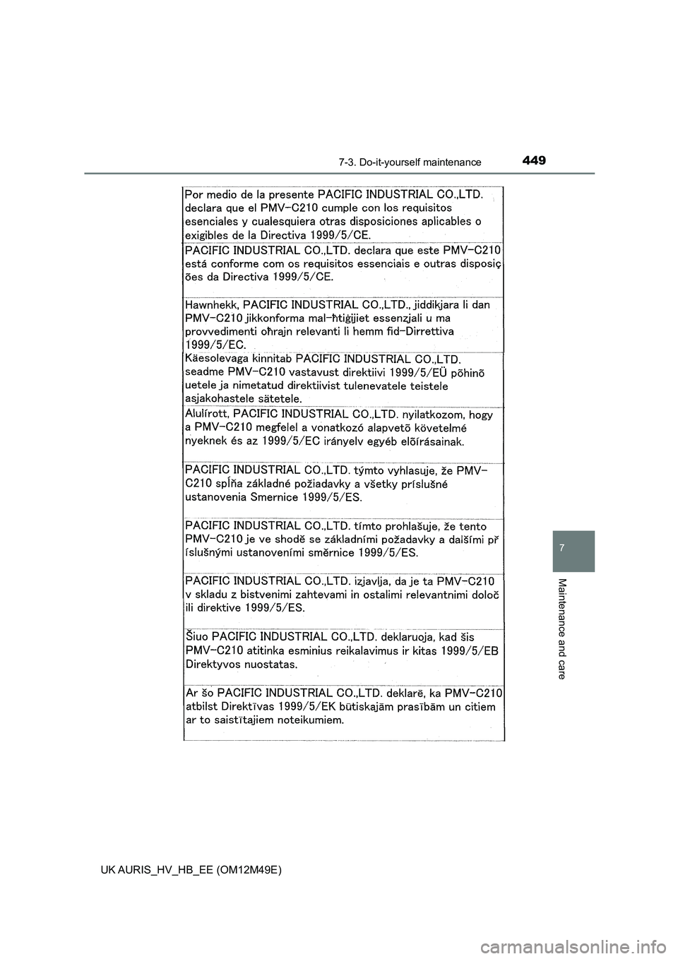 TOYOTA AURIS 2018 Owners Manual (in English) 4497-3. Do-it-yourself maintenance
UK AURIS_HV_HB_EE (OM12M49E)
7
Maintenance and care TOYOTA AURIS 2018 Owners Manual (in English) 4497-3. Do-it-yourself maintenance
UK AURIS_HV_HB_EE (OM12M49E)
7
Maintenance and care