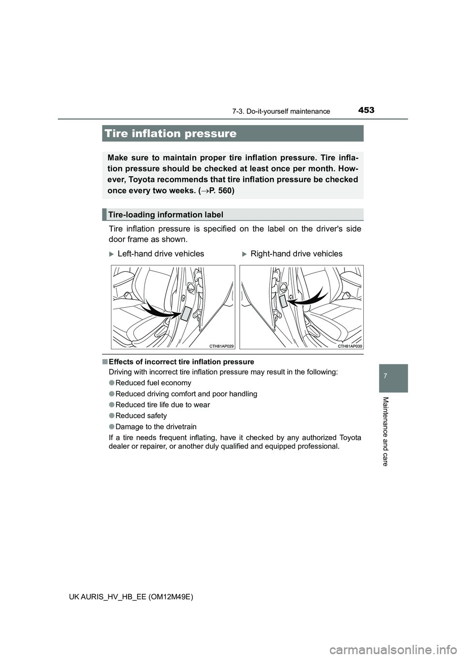 TOYOTA AURIS 2018 Owners Manual (in English) 4537-3. Do-it-yourself maintenance
UK AURIS_HV_HB_EE (OM12M49E)
7
Maintenance and care
Tire inflation pressure is specified on the label on the drivers side
door frame as shown.
■ Effects of incor TOYOTA AURIS 2018 Owners Manual (in English) 4537-3. Do-it-yourself maintenance
UK AURIS_HV_HB_EE (OM12M49E)
7
Maintenance and care
Tire inflation pressure is specified on the label on the drivers side
door frame as shown.
■ Effects of incor