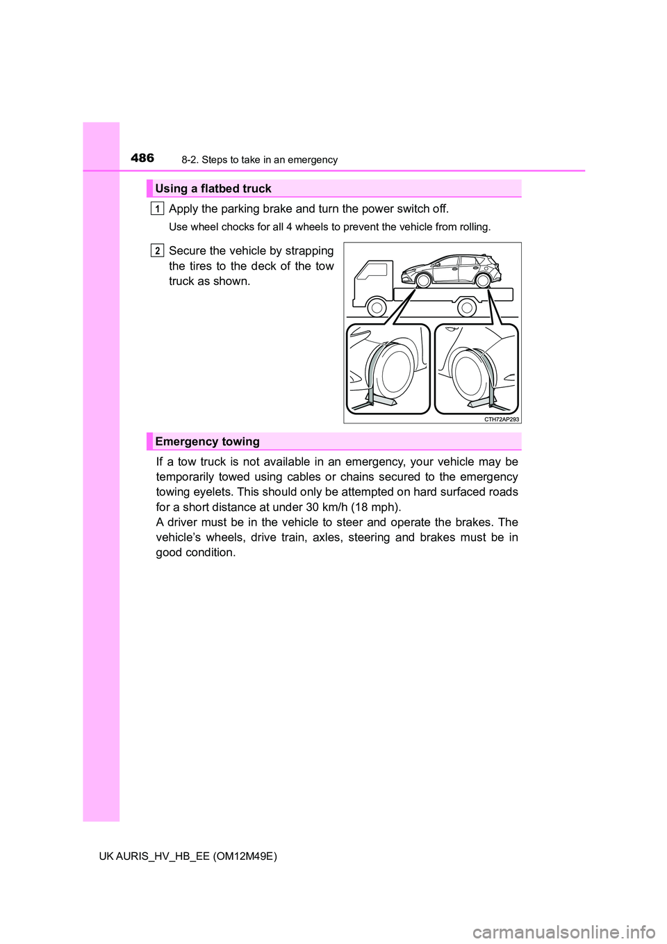 TOYOTA AURIS 2018 Owners Manual (in English) 4868-2. Steps to take in an emergency
UK AURIS_HV_HB_EE (OM12M49E)
Apply the parking brake and turn the power switch off.
Use wheel chocks for all 4 wheels to prevent the vehicle from rolling.
Secure TOYOTA AURIS 2018 Owners Manual (in English) 4868-2. Steps to take in an emergency
UK AURIS_HV_HB_EE (OM12M49E)
Apply the parking brake and turn the power switch off.
Use wheel chocks for all 4 wheels to prevent the vehicle from rolling.
Secure