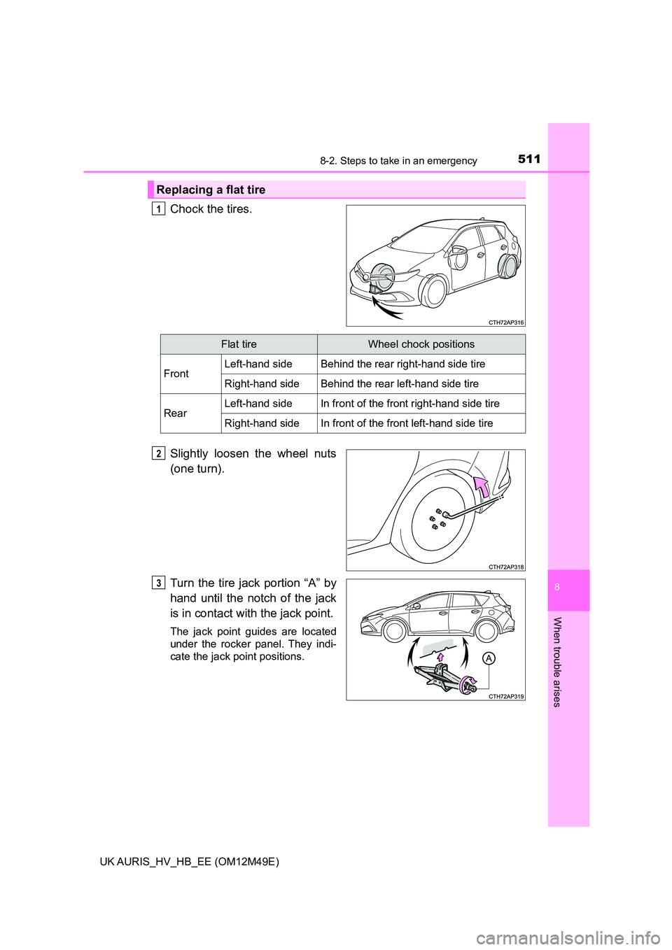 TOYOTA AURIS 2018  Owners Manual (in English) 5118-2. Steps to take in an emergency
UK AURIS_HV_HB_EE (OM12M49E)
8
When trouble arises
Chock the tires. 
Slightly loosen the wheel nuts 
(one turn). 
Turn the tire jack portion “A” by 
hand unti