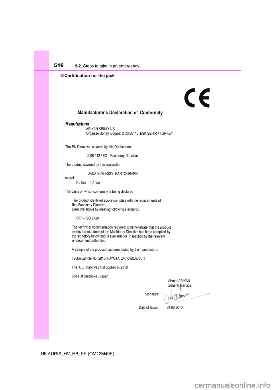 TOYOTA AURIS 2018  Owners Manual (in English) 5168-2. Steps to take in an emergency
UK AURIS_HV_HB_EE (OM12M49E) 
■ Certification for the jack 