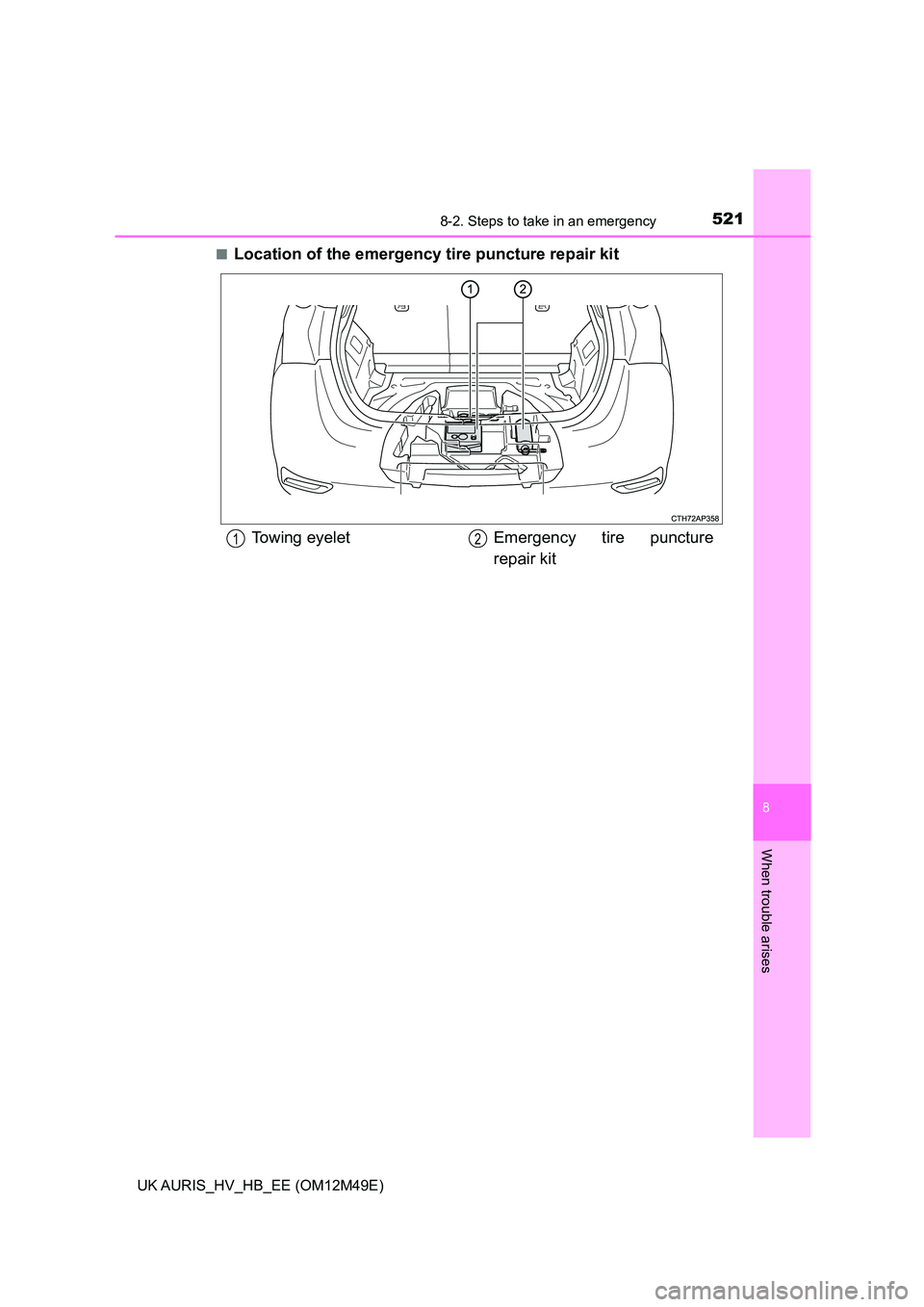 TOYOTA AURIS 2018  Owners Manual (in English) 5218-2. Steps to take in an emergency
UK AURIS_HV_HB_EE (OM12M49E)
8
When trouble arises
■Location of the emergency tire puncture repair kit
Towing eyelet Emergency  tire  puncture 
repair kit
12 