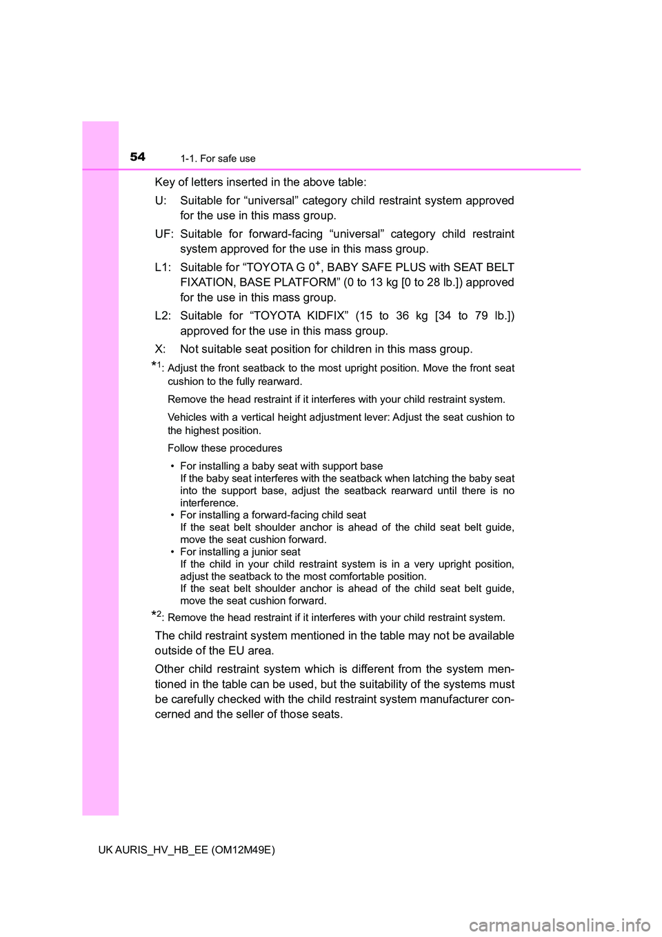 TOYOTA AURIS 2018 (in English) Workshop Manual 541-1. For safe use
UK AURIS_HV_HB_EE (OM12M49E)
Key of letters inserted in the above table:
U: Suitable for “universal” category child restraint system approved
for the use in this mass group. TOYOTA AURIS 2018 (in English) Workshop Manual 541-1. For safe use
UK AURIS_HV_HB_EE (OM12M49E)
Key of letters inserted in the above table:
U: Suitable for “universal” category child restraint system approved
for the use in this mass group.