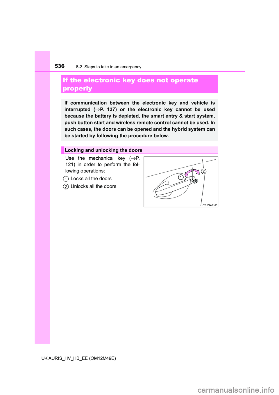 TOYOTA AURIS 2018 Owners Manual (in English) 5368-2. Steps to take in an emergency
UK AURIS_HV_HB_EE (OM12M49E)
Use the mechanical key (P.
121) in order to perform the fol-
lowing operations:
Locks all the doors
Unlocks all the doors
If the TOYOTA AURIS 2018 Owners Manual (in English) 5368-2. Steps to take in an emergency
UK AURIS_HV_HB_EE (OM12M49E)
Use the mechanical key (P.
121) in order to perform the fol-
lowing operations:
Locks all the doors
Unlocks all the doors
If the