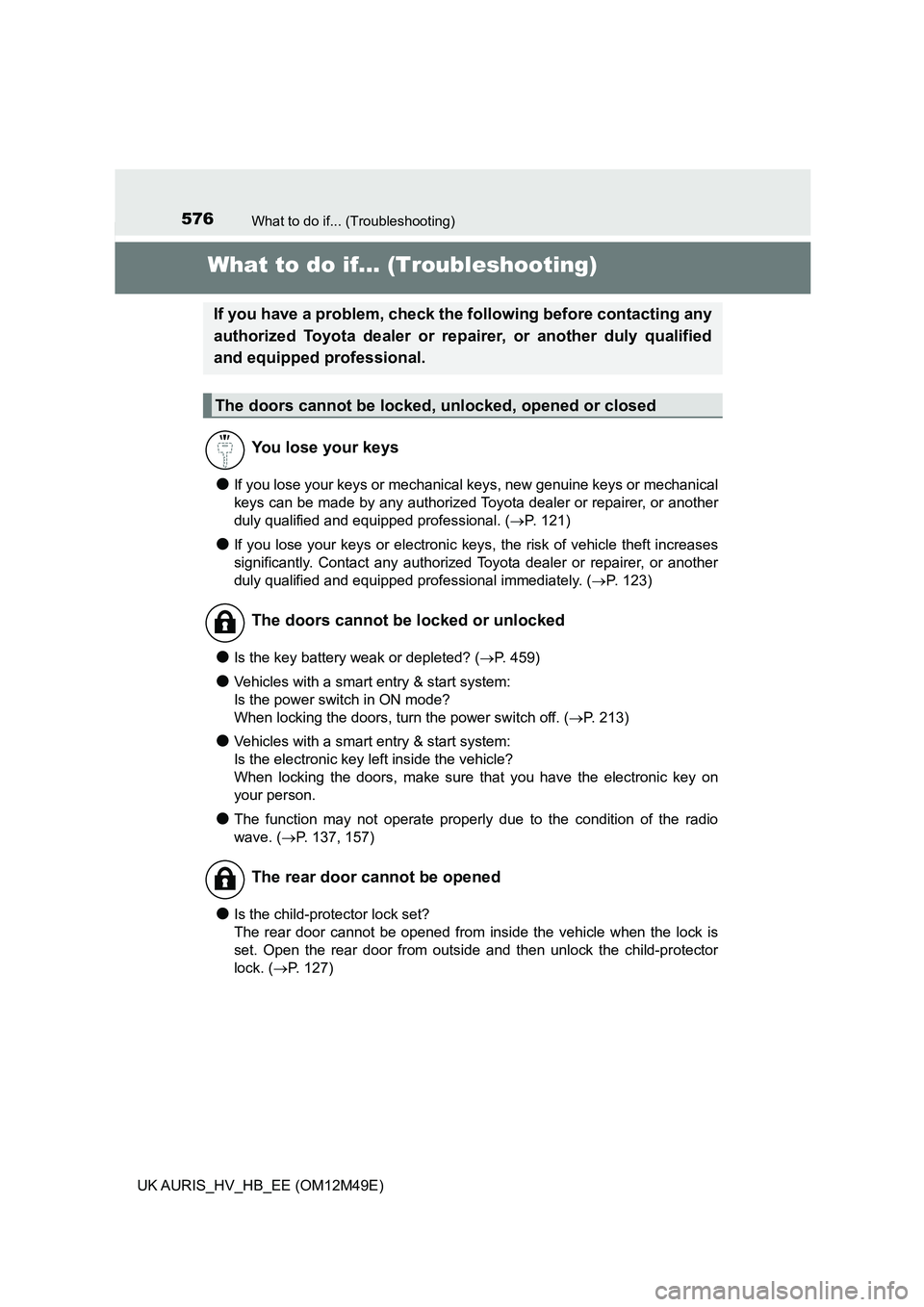 TOYOTA AURIS 2018 Owners Manual (in English) 576
UK AURIS_HV_HB_EE (OM12M49E)
What to do if... (Troubleshooting)
What to do if... (Troubleshooting)
●If you lose your keys or mechanical keys, new genuine keys or mechanical
keys can be made by TOYOTA AURIS 2018 Owners Manual (in English) 576
UK AURIS_HV_HB_EE (OM12M49E)
What to do if... (Troubleshooting)
What to do if... (Troubleshooting)
●If you lose your keys or mechanical keys, new genuine keys or mechanical
keys can be made by
