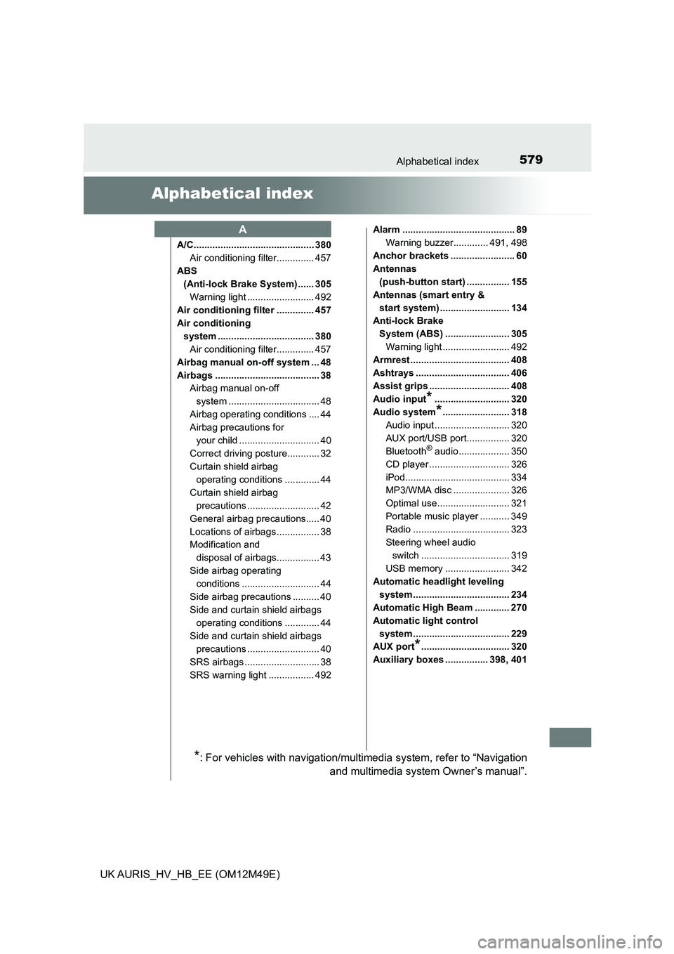 TOYOTA AURIS 2018 Owners Manual (in English) 579
UK AURIS_HV_HB_EE (OM12M49E)
Alphabetical index
Alphabetical index
A/C............................................. 380
Air conditioning filter.............. 457
ABS
(Anti-lock Brake System) .. TOYOTA AURIS 2018 Owners Manual (in English) 579
UK AURIS_HV_HB_EE (OM12M49E)
Alphabetical index
Alphabetical index
A/C............................................. 380
Air conditioning filter.............. 457
ABS
(Anti-lock Brake System) ..