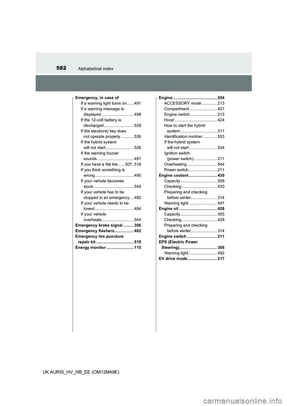 TOYOTA AURIS 2018 Owners Manual (in English) 582Alphabetical index
UK AURIS_HV_HB_EE (OM12M49E)
Emergency, in case of
If a warning light turns on ...... 491
If a warning message is
displayed ............................ 498
If the 12-volt ba TOYOTA AURIS 2018 Owners Manual (in English) 582Alphabetical index
UK AURIS_HV_HB_EE (OM12M49E)
Emergency, in case of
If a warning light turns on ...... 491
If a warning message is
displayed ............................ 498
If the 12-volt ba