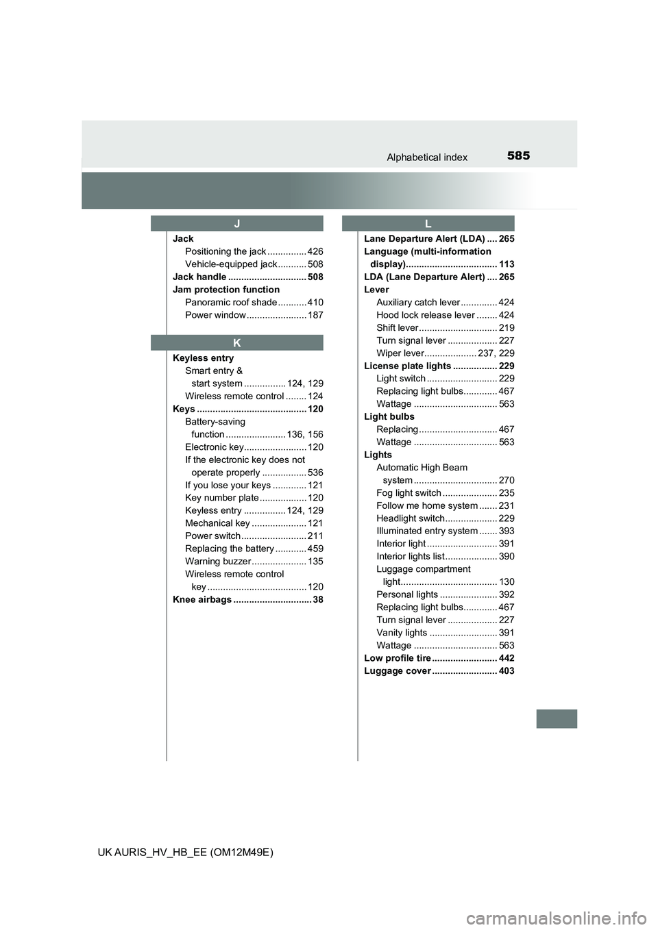 TOYOTA AURIS 2018 Owners Manual (in English) 585Alphabetical index
UK AURIS_HV_HB_EE (OM12M49E)
Jack
Positioning the jack ............... 426
Vehicle-equipped jack ........... 508
Jack handle .............................. 508
Jam protection TOYOTA AURIS 2018 Owners Manual (in English) 585Alphabetical index
UK AURIS_HV_HB_EE (OM12M49E)
Jack
Positioning the jack ............... 426
Vehicle-equipped jack ........... 508
Jack handle .............................. 508
Jam protection