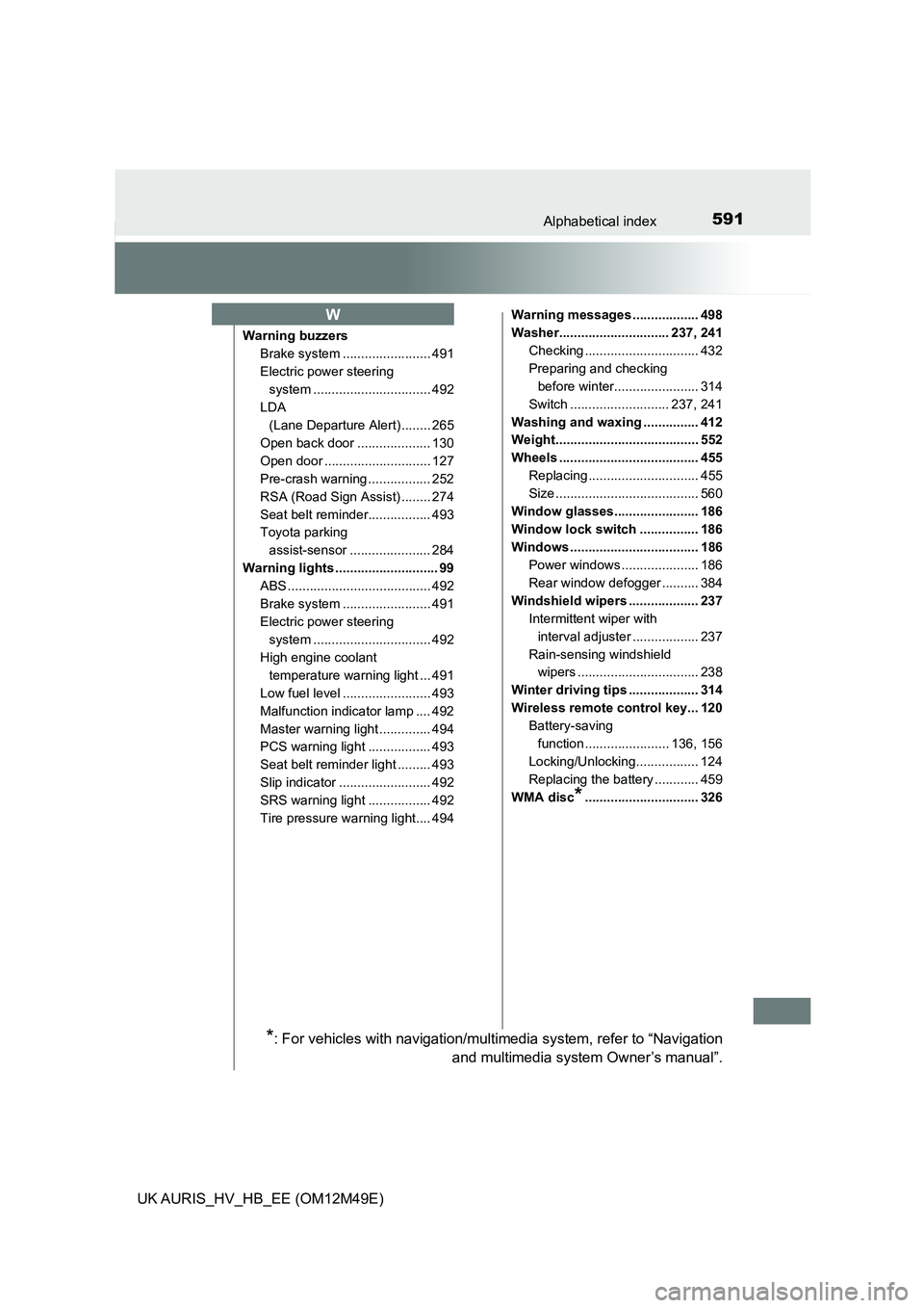 TOYOTA AURIS 2018 Owners Manual (in English) 591Alphabetical index
UK AURIS_HV_HB_EE (OM12M49E)
Warning buzzers
Brake system ....... ................. 491
Electric power steering
system .......... ...................... 492
LDA
(Lane Depar TOYOTA AURIS 2018 Owners Manual (in English) 591Alphabetical index
UK AURIS_HV_HB_EE (OM12M49E)
Warning buzzers
Brake system ....... ................. 491
Electric power steering
system .......... ...................... 492
LDA
(Lane Depar