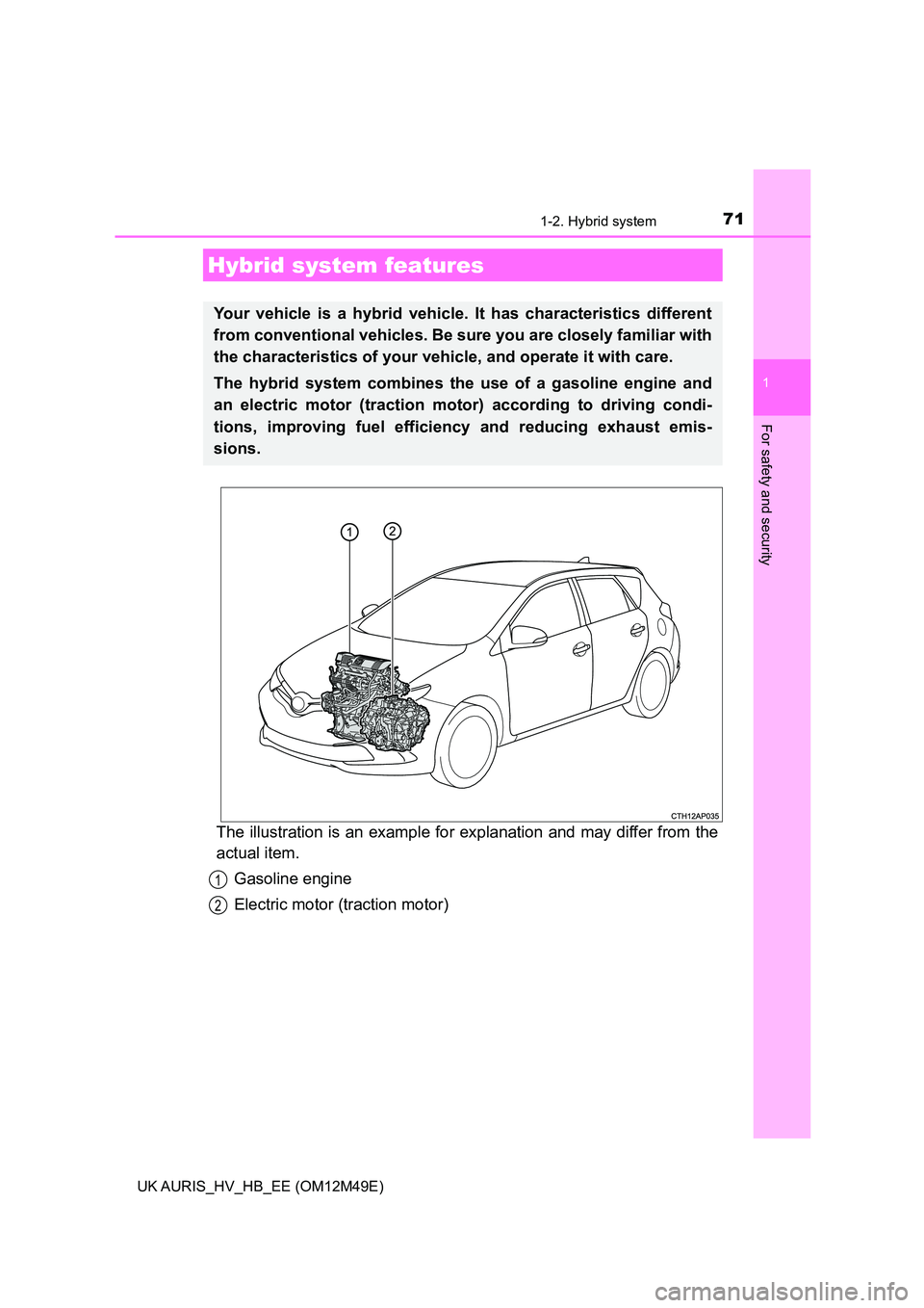 TOYOTA AURIS 2018 Owners Manual (in English) 71
1
For safety and security
UK AURIS_HV_HB_EE (OM12M49E)
1-2. Hybrid system
The illustration is an example for explanation and may differ from the
actual item.
Gasoline engine
Electric motor (tract TOYOTA AURIS 2018 Owners Manual (in English) 71
1
For safety and security
UK AURIS_HV_HB_EE (OM12M49E)
1-2. Hybrid system
The illustration is an example for explanation and may differ from the
actual item.
Gasoline engine
Electric motor (tract