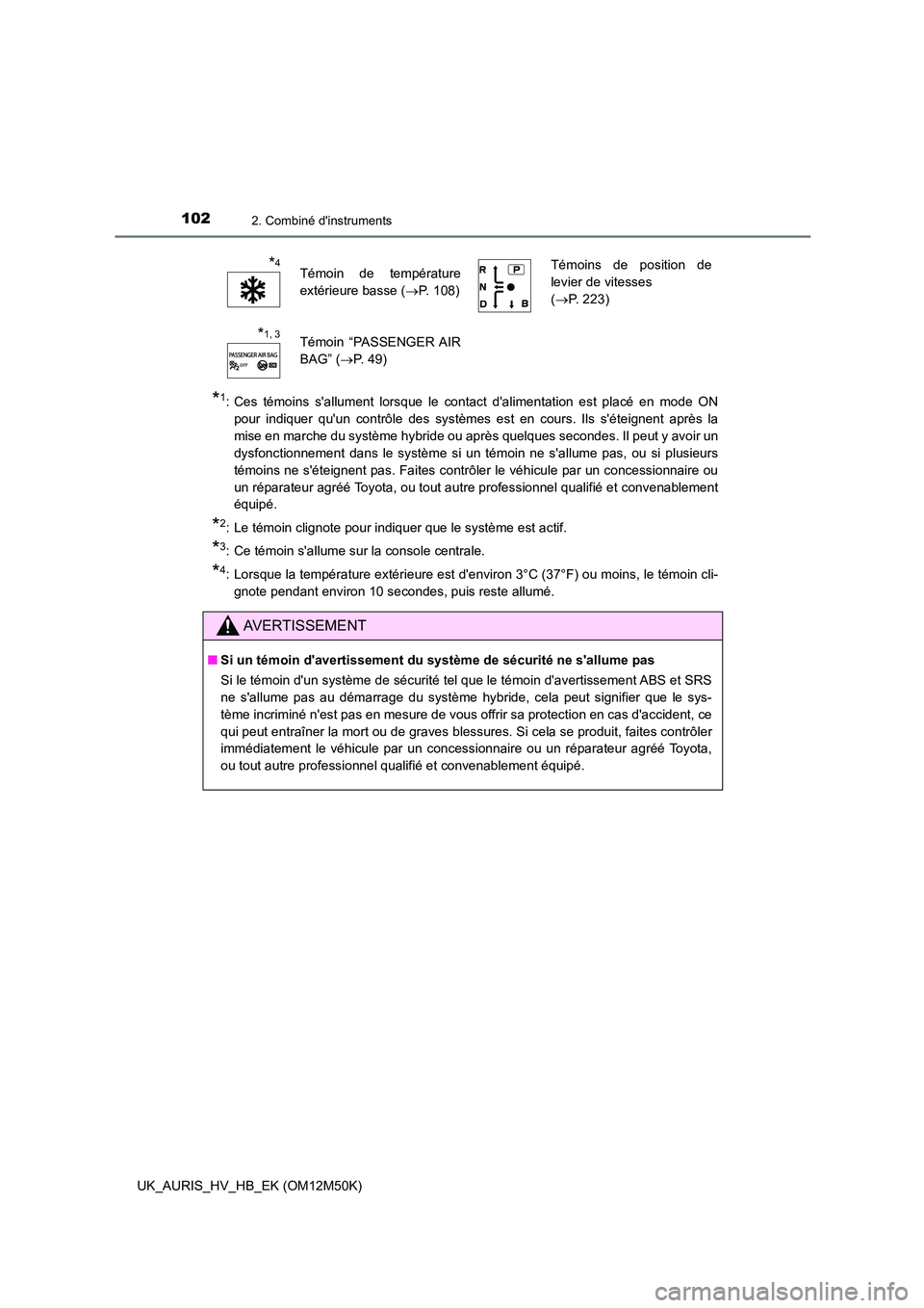 TOYOTA AURIS 2018 Notices Demploi (in French) 1022. Combiné dinstruments
UK_AURIS_HV_HB_EK (OM12M50K)
*1: Ces témoins sallument lorsque le contact dalimentation est placé en mode ON
pour indiquer quun contrôle des systèmes est en cours TOYOTA AURIS 2018 Notices Demploi (in French) 1022. Combiné dinstruments
UK_AURIS_HV_HB_EK (OM12M50K)
*1: Ces témoins sallument lorsque le contact dalimentation est placé en mode ON
pour indiquer quun contrôle des systèmes est en cours