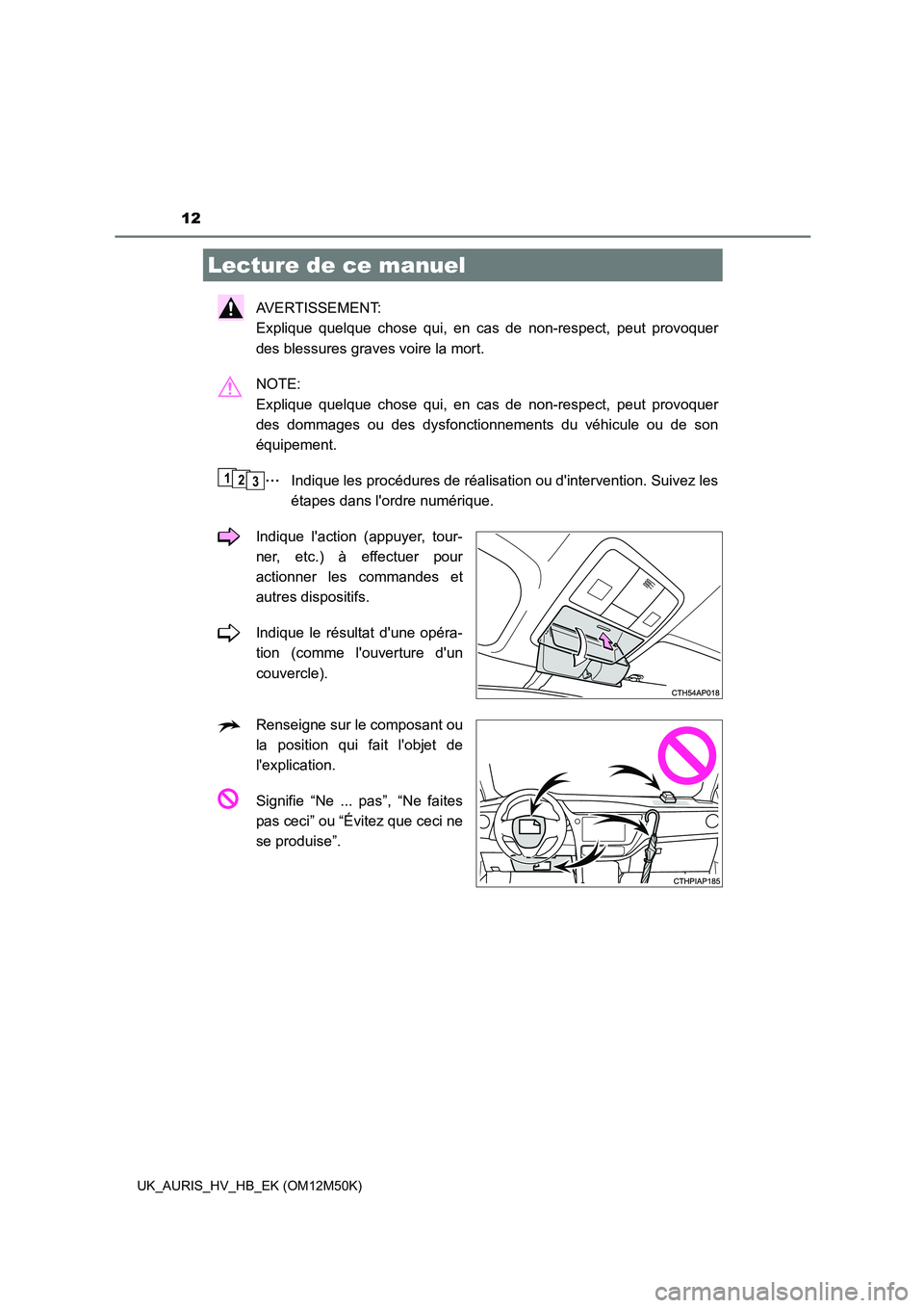 TOYOTA AURIS 2018 Notices Demploi (in French) 12
UK_AURIS_HV_HB_EK (OM12M50K)
AVERTISSEMENT:
Explique quelque chose qui, en cas de non-respect, peut provoquer
des blessures graves voire la mort.
NOTE:
Explique quelque chose qui, en cas de n TOYOTA AURIS 2018 Notices Demploi (in French) 12
UK_AURIS_HV_HB_EK (OM12M50K)
AVERTISSEMENT:
Explique quelque chose qui, en cas de non-respect, peut provoquer
des blessures graves voire la mort.
NOTE:
Explique quelque chose qui, en cas de n