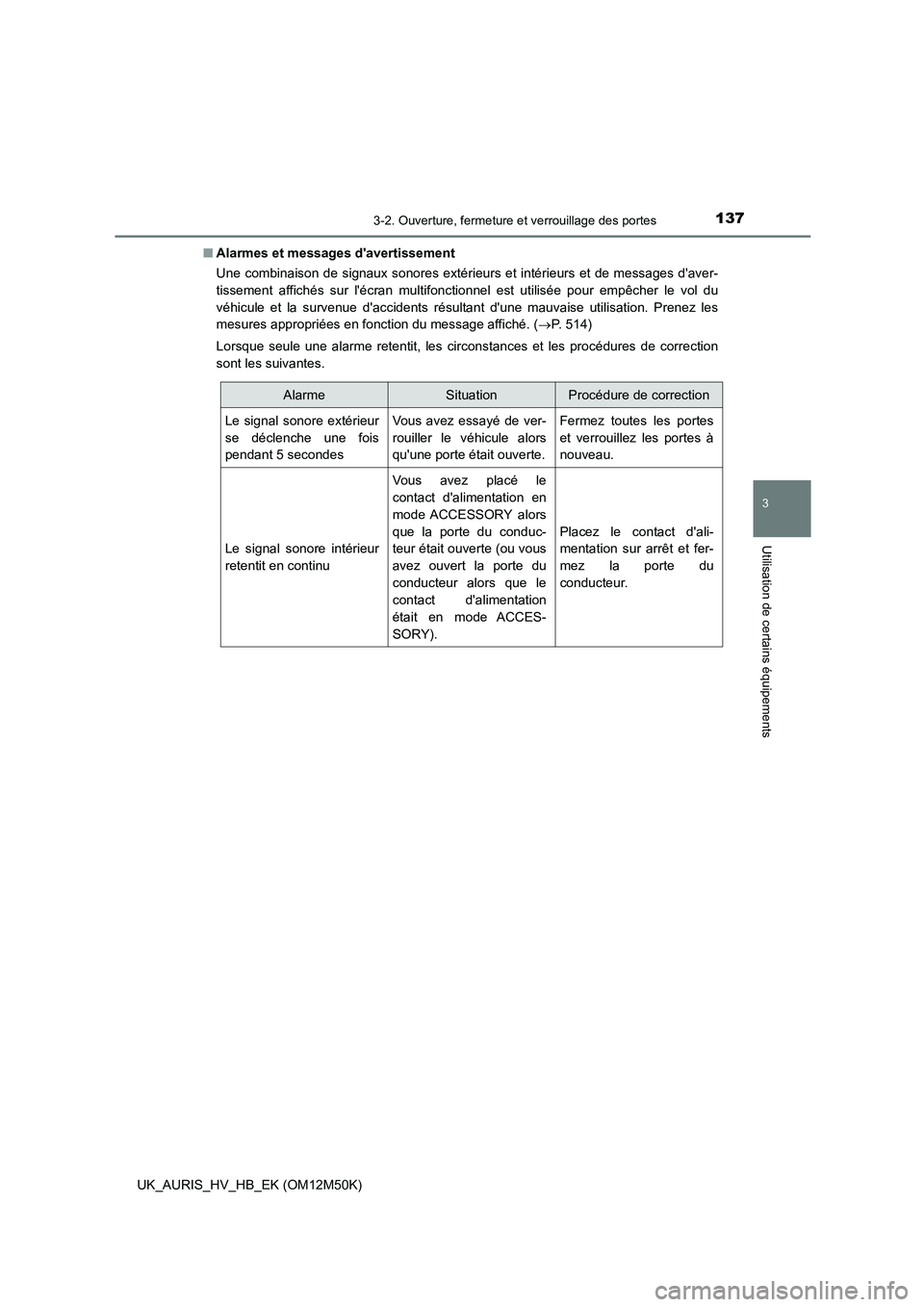 TOYOTA AURIS 2018 Notices Demploi (in French) 1373-2. Ouverture, fermeture et verrouillage des portes
3
Utilisation de certains équipements
UK_AURIS_HV_HB_EK (OM12M50K)
■ Alarmes et messages davertissement
Une combinaison de signaux sonores TOYOTA AURIS 2018 Notices Demploi (in French) 1373-2. Ouverture, fermeture et verrouillage des portes
3
Utilisation de certains équipements
UK_AURIS_HV_HB_EK (OM12M50K)
■ Alarmes et messages davertissement
Une combinaison de signaux sonores