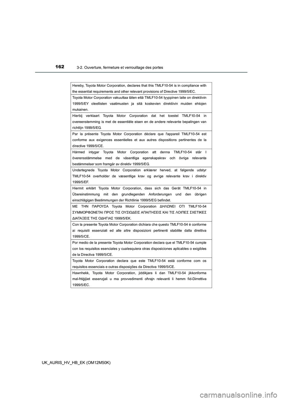 TOYOTA AURIS 2018 Notices Demploi (in French) 1623-2. Ouverture, fermeture et verrouillage des portes
UK_AURIS_HV_HB_EK (OM12M50K)
Hereby, Toyota Motor Corporation, declares that this TMLF10-54 is in compliance with
the essential requirements a TOYOTA AURIS 2018 Notices Demploi (in French) 1623-2. Ouverture, fermeture et verrouillage des portes
UK_AURIS_HV_HB_EK (OM12M50K)
Hereby, Toyota Motor Corporation, declares that this TMLF10-54 is in compliance with
the essential requirements a