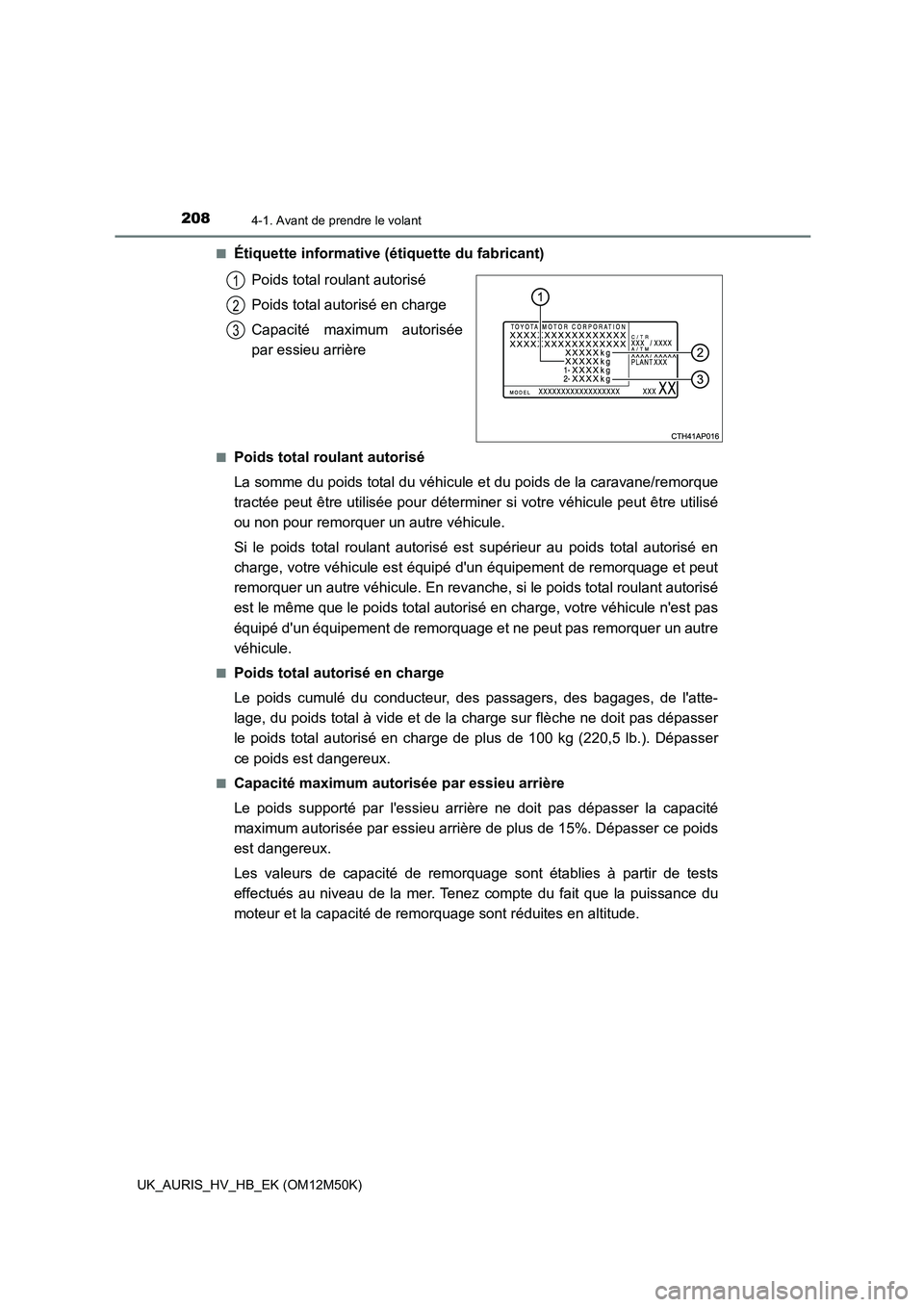TOYOTA AURIS 2018 Notices Demploi (in French) 2084-1. Avant de prendre le volant
UK_AURIS_HV_HB_EK (OM12M50K)
■Étiquette informative (étiquette du fabricant)
Poids total roulant autorisé
Poids total autorisé en charge
Capacité maximum TOYOTA AURIS 2018 Notices Demploi (in French) 2084-1. Avant de prendre le volant
UK_AURIS_HV_HB_EK (OM12M50K)
■Étiquette informative (étiquette du fabricant)
Poids total roulant autorisé
Poids total autorisé en charge
Capacité maximum