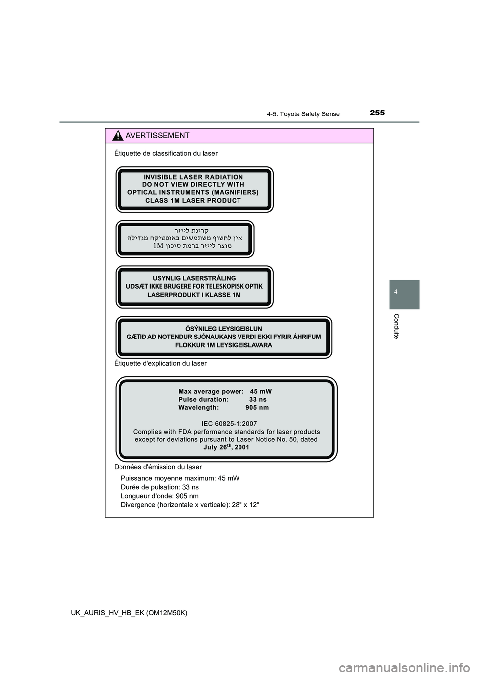TOYOTA AURIS 2018 Notices Demploi (in French) 2554-5. Toyota Safety Sense
4
Conduite
UK_AURIS_HV_HB_EK (OM12M50K)
AVERTISSEMENT
Étiquette de classification du laser
Étiquette dexplication du laser
Données démission du laser
Puissance moy TOYOTA AURIS 2018 Notices Demploi (in French) 2554-5. Toyota Safety Sense
4
Conduite
UK_AURIS_HV_HB_EK (OM12M50K)
AVERTISSEMENT
Étiquette de classification du laser
Étiquette dexplication du laser
Données démission du laser
Puissance moy