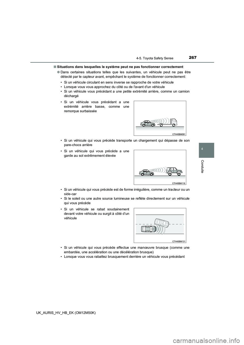 TOYOTA AURIS 2018 Notices Demploi (in French) 2674-5. Toyota Safety Sense
4
Conduite
UK_AURIS_HV_HB_EK (OM12M50K)
■ Situations dans lesquelles le système peut ne pas fonctionner correctement
● Dans certaines situations telles que les suiva TOYOTA AURIS 2018 Notices Demploi (in French) 2674-5. Toyota Safety Sense
4
Conduite
UK_AURIS_HV_HB_EK (OM12M50K)
■ Situations dans lesquelles le système peut ne pas fonctionner correctement
● Dans certaines situations telles que les suiva