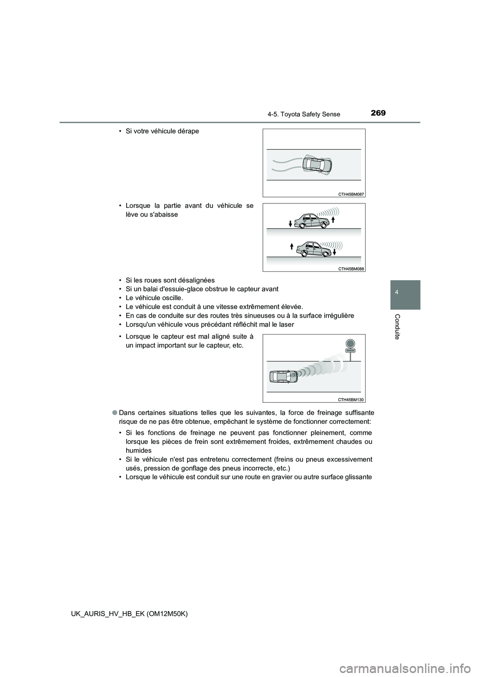 TOYOTA AURIS 2018 Notices Demploi (in French) 2694-5. Toyota Safety Sense
4
Conduite
UK_AURIS_HV_HB_EK (OM12M50K)
• Si les roues sont désalignées
• Si un balai dessuie-glace obstrue le capteur avant
• Le véhicule oscille.
• Le véh TOYOTA AURIS 2018 Notices Demploi (in French) 2694-5. Toyota Safety Sense
4
Conduite
UK_AURIS_HV_HB_EK (OM12M50K)
• Si les roues sont désalignées
• Si un balai dessuie-glace obstrue le capteur avant
• Le véhicule oscille.
• Le véh