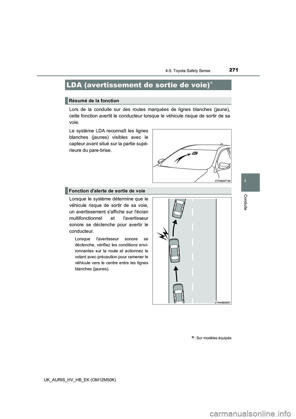 TOYOTA AURIS 2018 Notices Demploi (in French) 2714-5. Toyota Safety Sense
4
Conduite
UK_AURIS_HV_HB_EK (OM12M50K)
Lors de la conduite sur des routes marquées de lignes blanches (jaune),
cette fonction avertit le conducteur lorsque le véhicule TOYOTA AURIS 2018 Notices Demploi (in French) 2714-5. Toyota Safety Sense
4
Conduite
UK_AURIS_HV_HB_EK (OM12M50K)
Lors de la conduite sur des routes marquées de lignes blanches (jaune),
cette fonction avertit le conducteur lorsque le véhicule