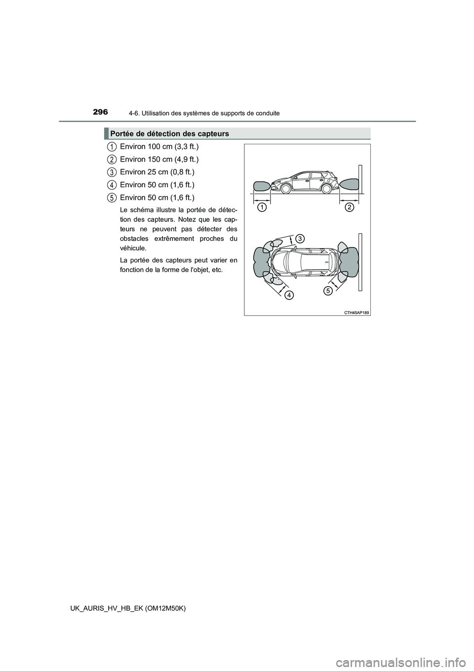 TOYOTA AURIS 2018 Notices Demploi (in French) 2964-6. Utilisation des systèmes de supports de conduite
UK_AURIS_HV_HB_EK (OM12M50K)
Environ 100 cm (3,3 ft.)
Environ 150 cm (4,9 ft.)
Environ 25 cm (0,8 ft.)
Environ 50 cm (1,6 ft.)
Environ 50 c TOYOTA AURIS 2018 Notices Demploi (in French) 2964-6. Utilisation des systèmes de supports de conduite
UK_AURIS_HV_HB_EK (OM12M50K)
Environ 100 cm (3,3 ft.)
Environ 150 cm (4,9 ft.)
Environ 25 cm (0,8 ft.)
Environ 50 cm (1,6 ft.)
Environ 50 c