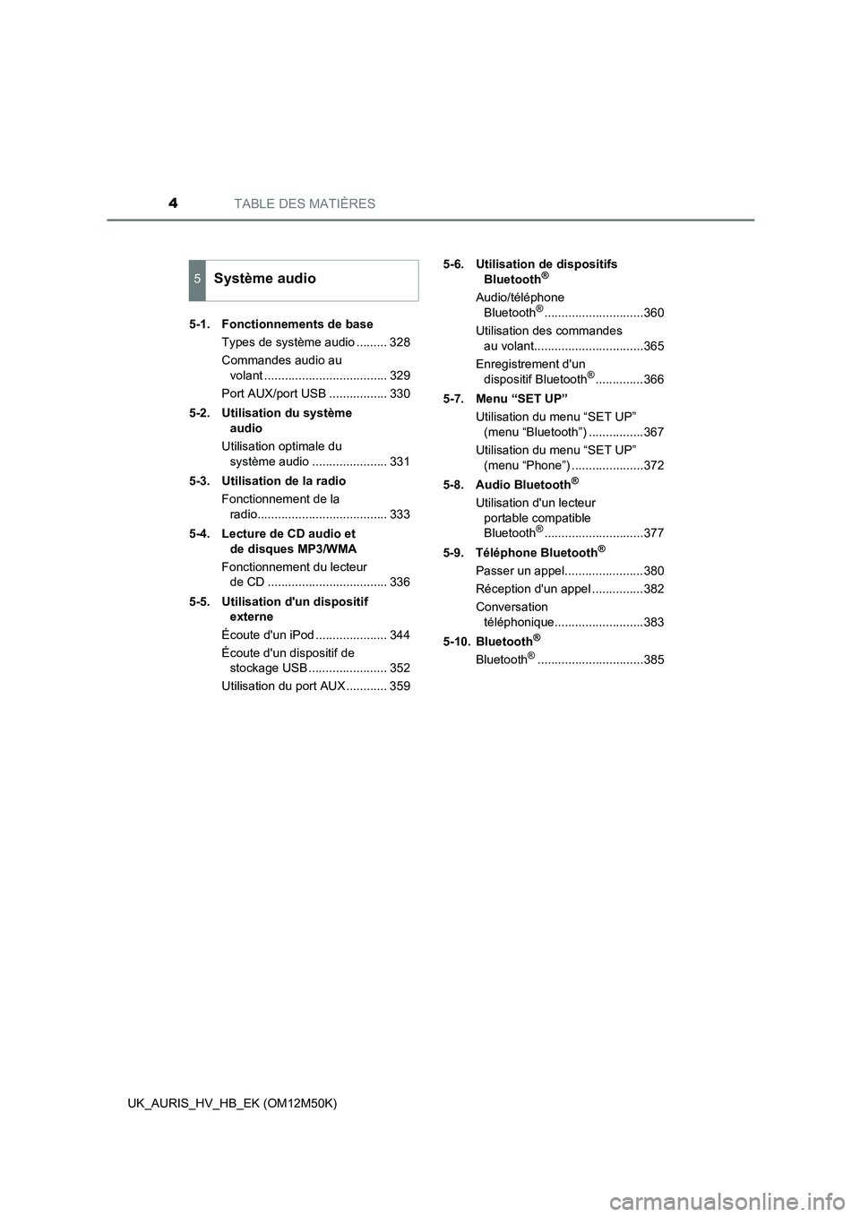 TOYOTA AURIS 2018  Notices Demploi (in French) TABLE DES MATIÈRES4
UK_AURIS_HV_HB_EK (OM12M50K) 
5-1.  Fonctionnements de base 
Types de système audio ......... 328 
Commandes audio au  
volant .................................... 329 
Port AUX/