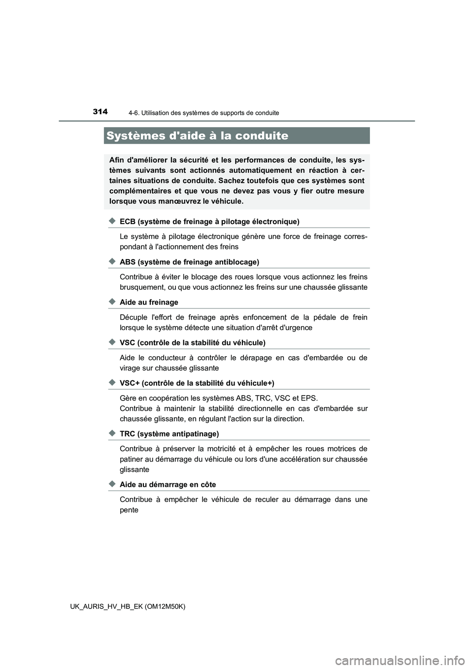 TOYOTA AURIS 2018 Notices Demploi (in French) 3144-6. Utilisation des systèmes de supports de conduite
UK_AURIS_HV_HB_EK (OM12M50K)
◆ECB (système de freinage à pilotage électronique)
Le système à pilotage électronique génère une force TOYOTA AURIS 2018 Notices Demploi (in French) 3144-6. Utilisation des systèmes de supports de conduite
UK_AURIS_HV_HB_EK (OM12M50K)
◆ECB (système de freinage à pilotage électronique)
Le système à pilotage électronique génère une force