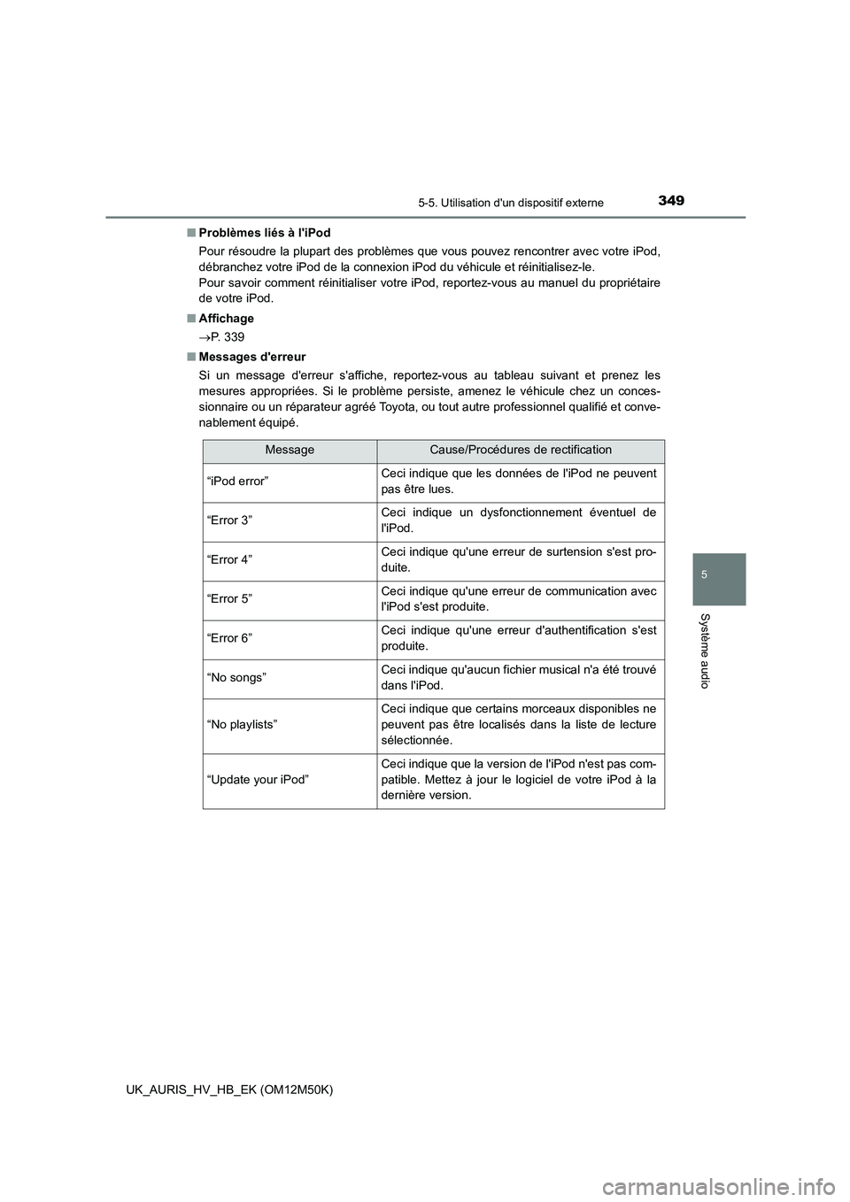 TOYOTA AURIS 2018  Notices Demploi (in French) 3495-5. Utilisation dun dispositif externe
5
Système audio
UK_AURIS_HV_HB_EK (OM12M50K) 
■ Problèmes liés à liPod 
Pour résoudre la plupart des problèmes que vous pouvez rencontrer avec votr