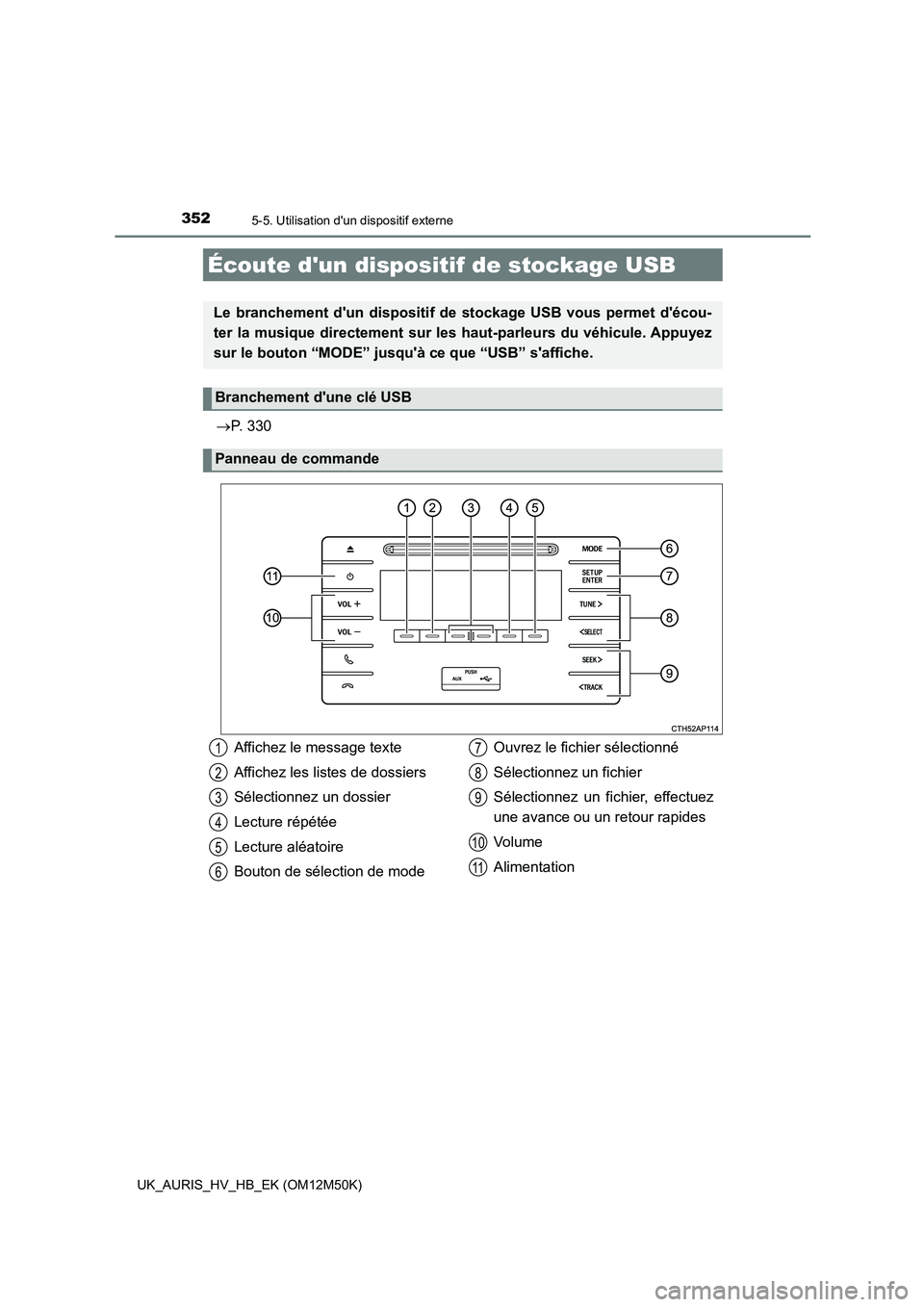 TOYOTA AURIS 2018 Notices Demploi (in French) 3525-5. Utilisation dun dispositif externe
UK_AURIS_HV_HB_EK (OM12M50K)
P. 330
Écoute dun dispositif de stockage USB
Le branchement dun dispositif de stockage USB vous permet décou-
ter la m TOYOTA AURIS 2018 Notices Demploi (in French) 3525-5. Utilisation dun dispositif externe
UK_AURIS_HV_HB_EK (OM12M50K)
P. 330
Écoute dun dispositif de stockage USB
Le branchement dun dispositif de stockage USB vous permet décou-
ter la m