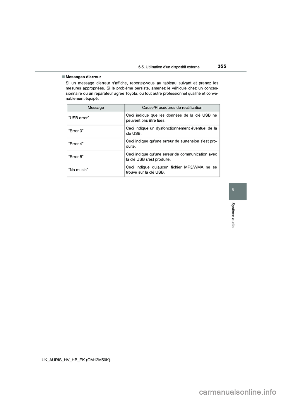 TOYOTA AURIS 2018  Notices Demploi (in French) 3555-5. Utilisation dun dispositif externe
5
Système audio
UK_AURIS_HV_HB_EK (OM12M50K) 
■ Messages derreur 
Si un message derreur saffiche, reportez-vous au tableau suivant et prenez les 
mesu
