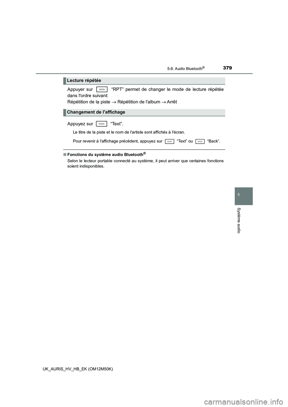 TOYOTA AURIS 2018 Notices Demploi (in French) 3795-8. Audio Bluetooth®
5
Système audio
UK_AURIS_HV_HB_EK (OM12M50K)
Appuyer sur “RPT” permet de changer le mode de lecture répétée
dans lordre suivant:
Répétition de la piste R TOYOTA AURIS 2018 Notices Demploi (in French) 3795-8. Audio Bluetooth®
5
Système audio
UK_AURIS_HV_HB_EK (OM12M50K)
Appuyer sur “RPT” permet de changer le mode de lecture répétée
dans lordre suivant:
Répétition de la piste R