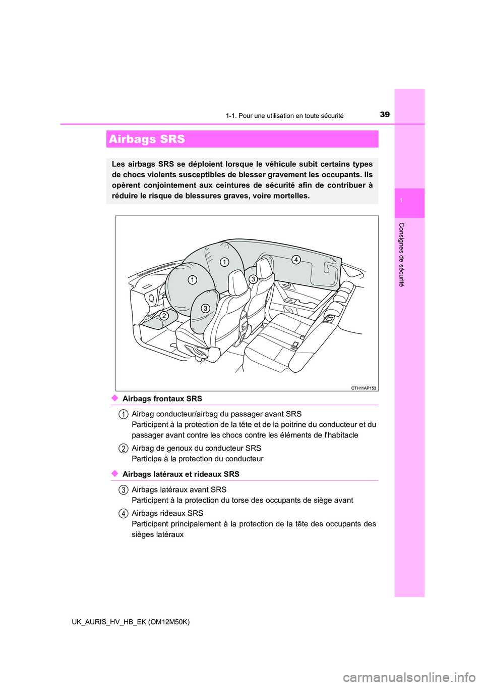 TOYOTA AURIS 2018  Notices Demploi (in French) 391-1. Pour une utilisation en toute sécurité
1
Consignes de sécurité
UK_AURIS_HV_HB_EK (OM12M50K)
◆Airbags frontaux SRS 
Airbag conducteur/airbag du passager avant SRS 
Participent à la protec