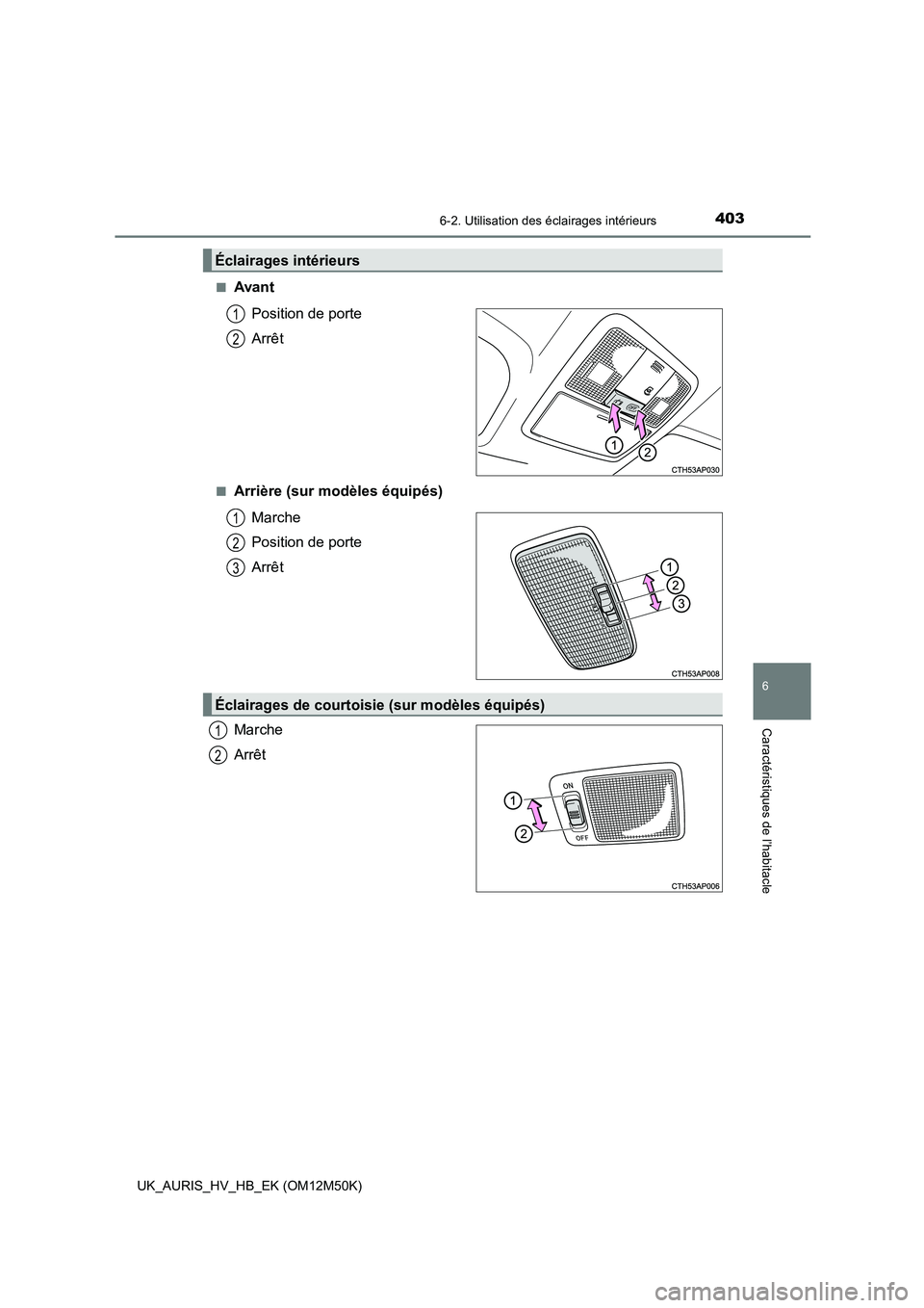 TOYOTA AURIS 2018 Notices Demploi (in French) 4036-2. Utilisation des éclairages intérieurs
6
Caractéristiques de l’habitacle
UK_AURIS_HV_HB_EK (OM12M50K)
■Avant
Position de porte
Arrêt
■Arrière (sur modèles équipés)
Marche
Pos TOYOTA AURIS 2018 Notices Demploi (in French) 4036-2. Utilisation des éclairages intérieurs
6
Caractéristiques de l’habitacle
UK_AURIS_HV_HB_EK (OM12M50K)
■Avant
Position de porte
Arrêt
■Arrière (sur modèles équipés)
Marche
Pos