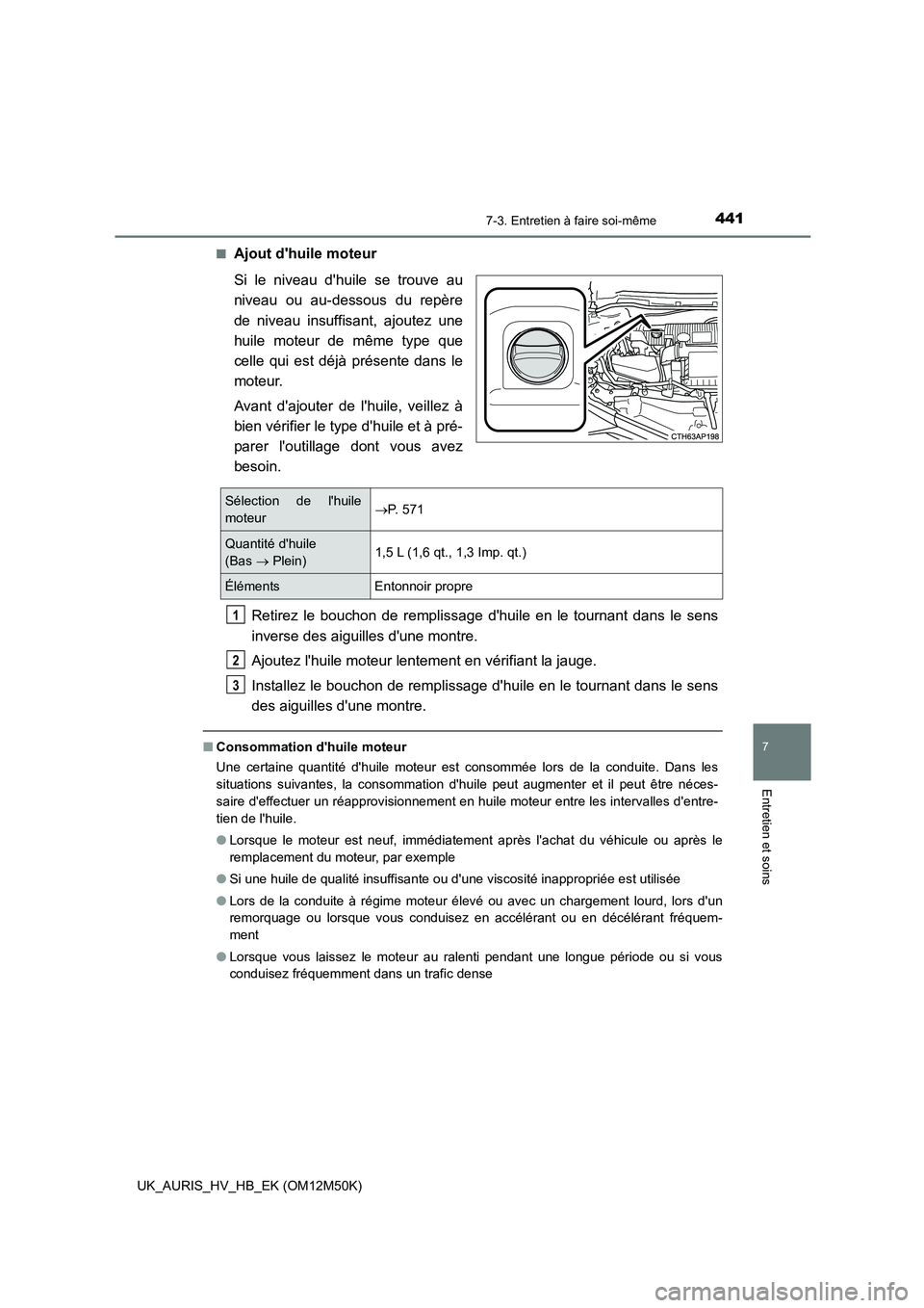 TOYOTA AURIS 2018 Notices Demploi (in French) 4417-3. Entretien à faire soi-même
7
Entretien et soins
UK_AURIS_HV_HB_EK (OM12M50K)
■Ajout dhuile moteur
Si le niveau dhuile se trouve au
niveau ou au-dessous du repère
de niveau insuffisa TOYOTA AURIS 2018 Notices Demploi (in French) 4417-3. Entretien à faire soi-même
7
Entretien et soins
UK_AURIS_HV_HB_EK (OM12M50K)
■Ajout dhuile moteur
Si le niveau dhuile se trouve au
niveau ou au-dessous du repère
de niveau insuffisa