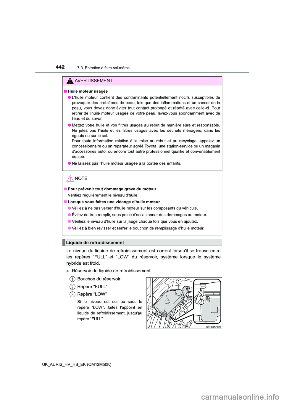 TOYOTA AURIS 2018 Notices Demploi (in French) 4427-3. Entretien à faire soi-même
UK_AURIS_HV_HB_EK (OM12M50K)
Le niveau du liquide de refroidissement est correct lorsquil se trouve entre
les repères “FULL” et “LOW” du réservoir, sys TOYOTA AURIS 2018 Notices Demploi (in French) 4427-3. Entretien à faire soi-même
UK_AURIS_HV_HB_EK (OM12M50K)
Le niveau du liquide de refroidissement est correct lorsquil se trouve entre
les repères “FULL” et “LOW” du réservoir, sys