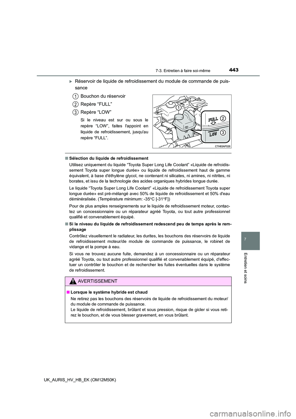 TOYOTA AURIS 2018 Notices Demploi (in French) 4437-3. Entretien à faire soi-même
7
Entretien et soins
UK_AURIS_HV_HB_EK (OM12M50K)
Réservoir de liquide de refroidissement du module de commande de puis-
sance
Bouchon du réservoir
Repère TOYOTA AURIS 2018 Notices Demploi (in French) 4437-3. Entretien à faire soi-même
7
Entretien et soins
UK_AURIS_HV_HB_EK (OM12M50K)
Réservoir de liquide de refroidissement du module de commande de puis-
sance
Bouchon du réservoir
Repère