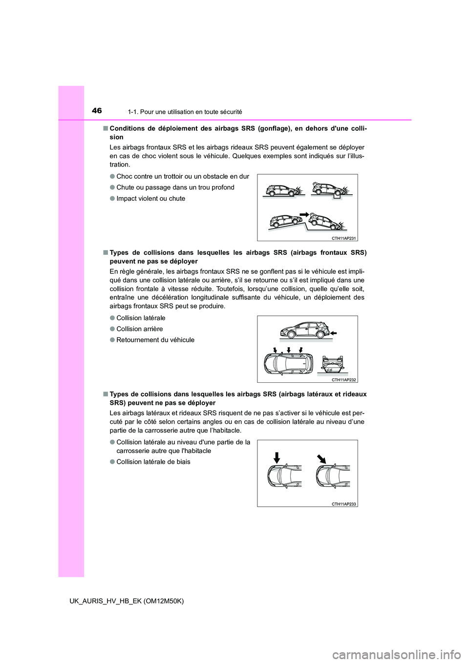 TOYOTA AURIS 2018 Notices Demploi (in French) 461-1. Pour une utilisation en toute sécurité
UK_AURIS_HV_HB_EK (OM12M50K)
■ Conditions de déploiement des airbags SRS (gonflage), en dehors dune colli-
sion
Les airbags frontaux SRS et les TOYOTA AURIS 2018 Notices Demploi (in French) 461-1. Pour une utilisation en toute sécurité
UK_AURIS_HV_HB_EK (OM12M50K)
■ Conditions de déploiement des airbags SRS (gonflage), en dehors dune colli-
sion
Les airbags frontaux SRS et les